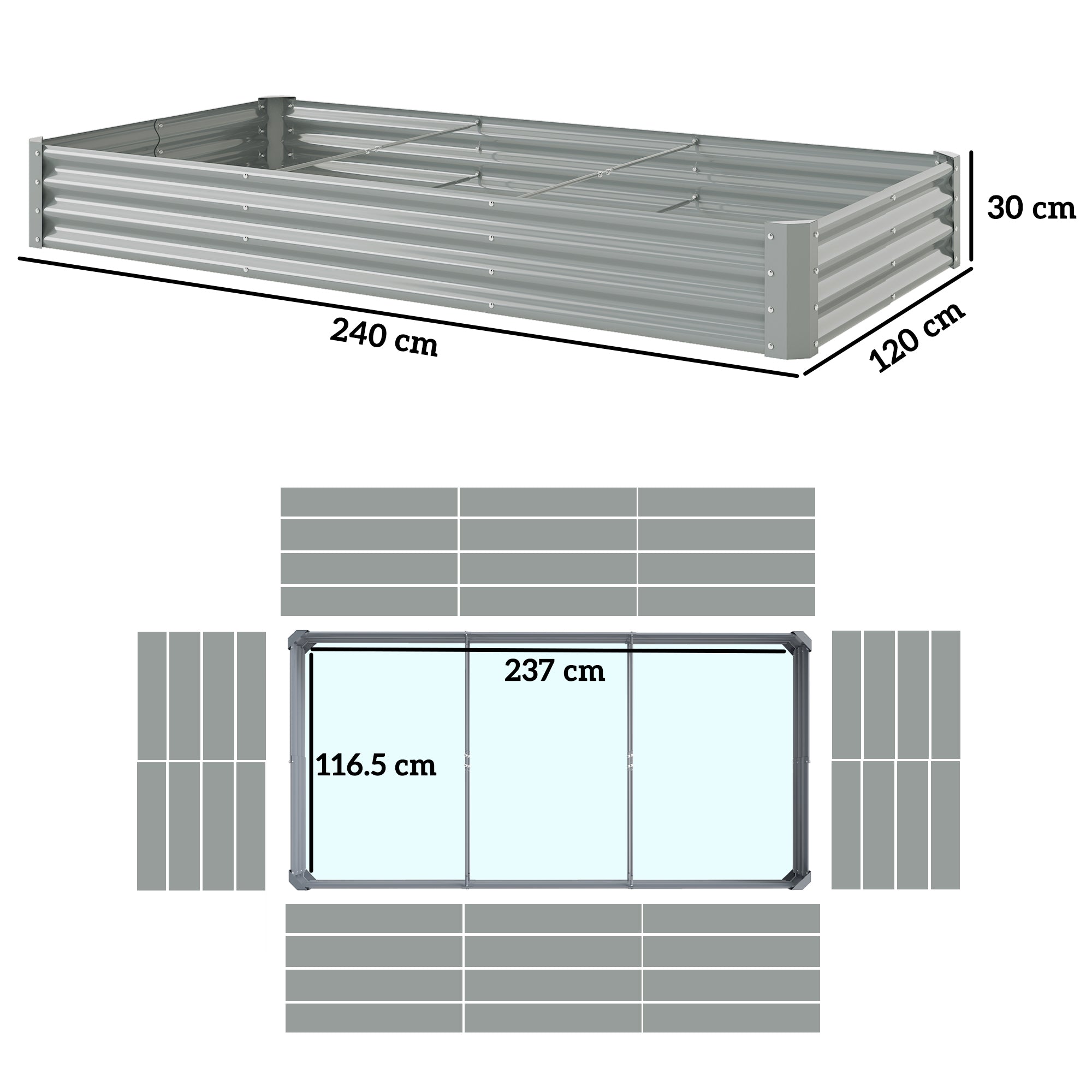 Kozy - 240 x 120cm Galvanised Steel Open Planter - Silver