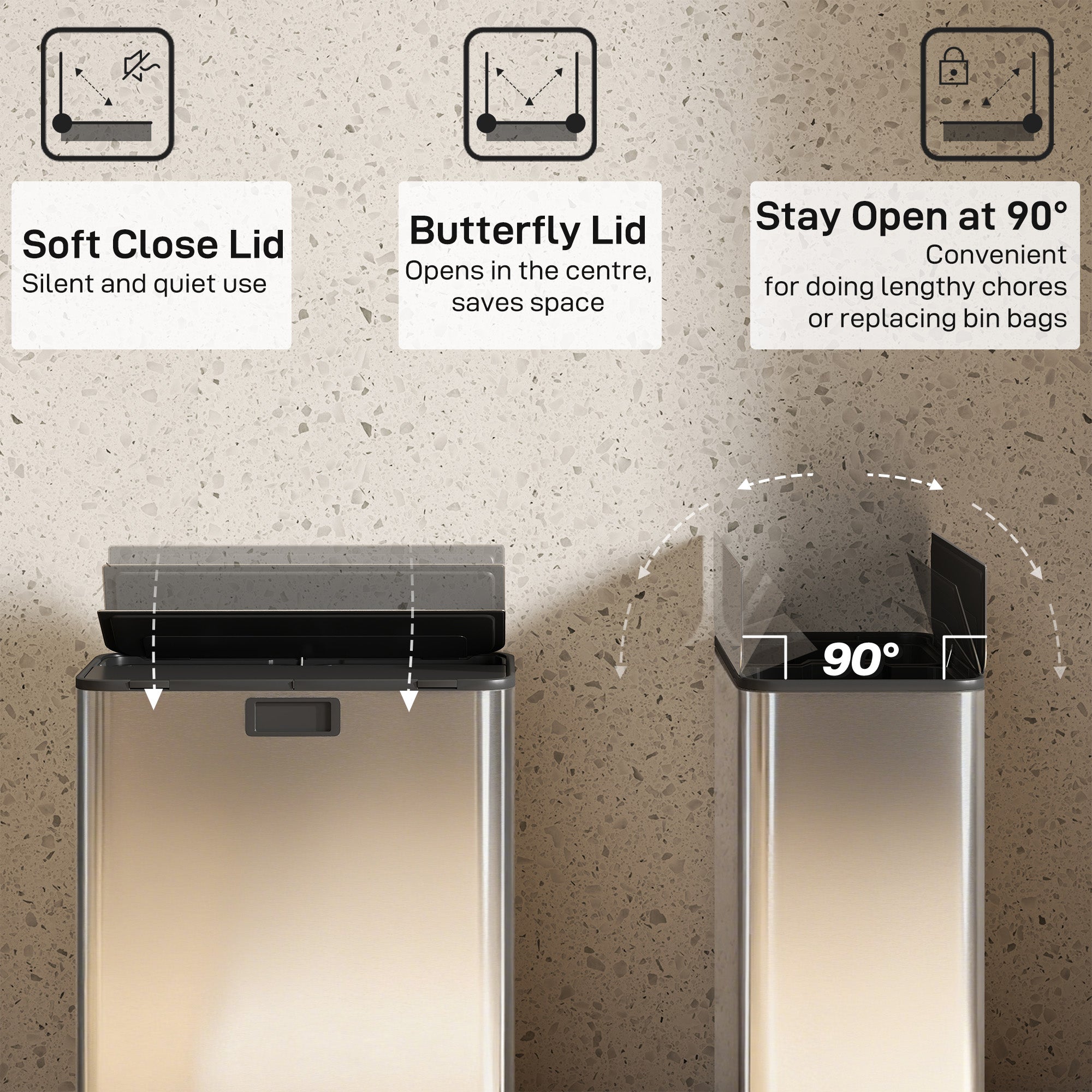 Kozy Dual Kitchen Bin with Soft-Close Butterfly Lid, 2 x 28L Stainless Steel Pedal Bin with Removable Inner Buckets, Fingerprint-Proof for Recycling and Waste, Silver Tone