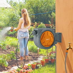 Kozy - Retractable Hose Reel Wall Mounted, 30+2m Garden Hose Pipe Reel with Lock, Auto Rewind, 7 in 1 Spray Nozzle, Includes Wall Fixings, 180° Swivel, Outdoor Watering, Orange