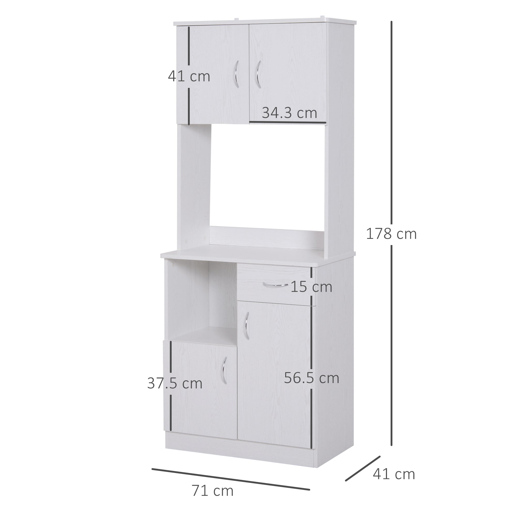 Kozy Tall Kitchen Cupboard, Kitchen Cabinet with Doors, Shelves, Drawer and Open Countertop, Storage Cabinet for Living Room, Dining Room, White