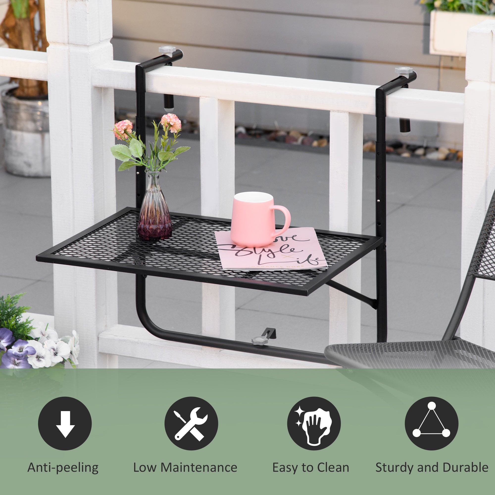 Kozy Balcony Hanging Table, Metal Wall Mount Desk, Adjustable Folding Balcony Deck Table for Patio and Garden, Black