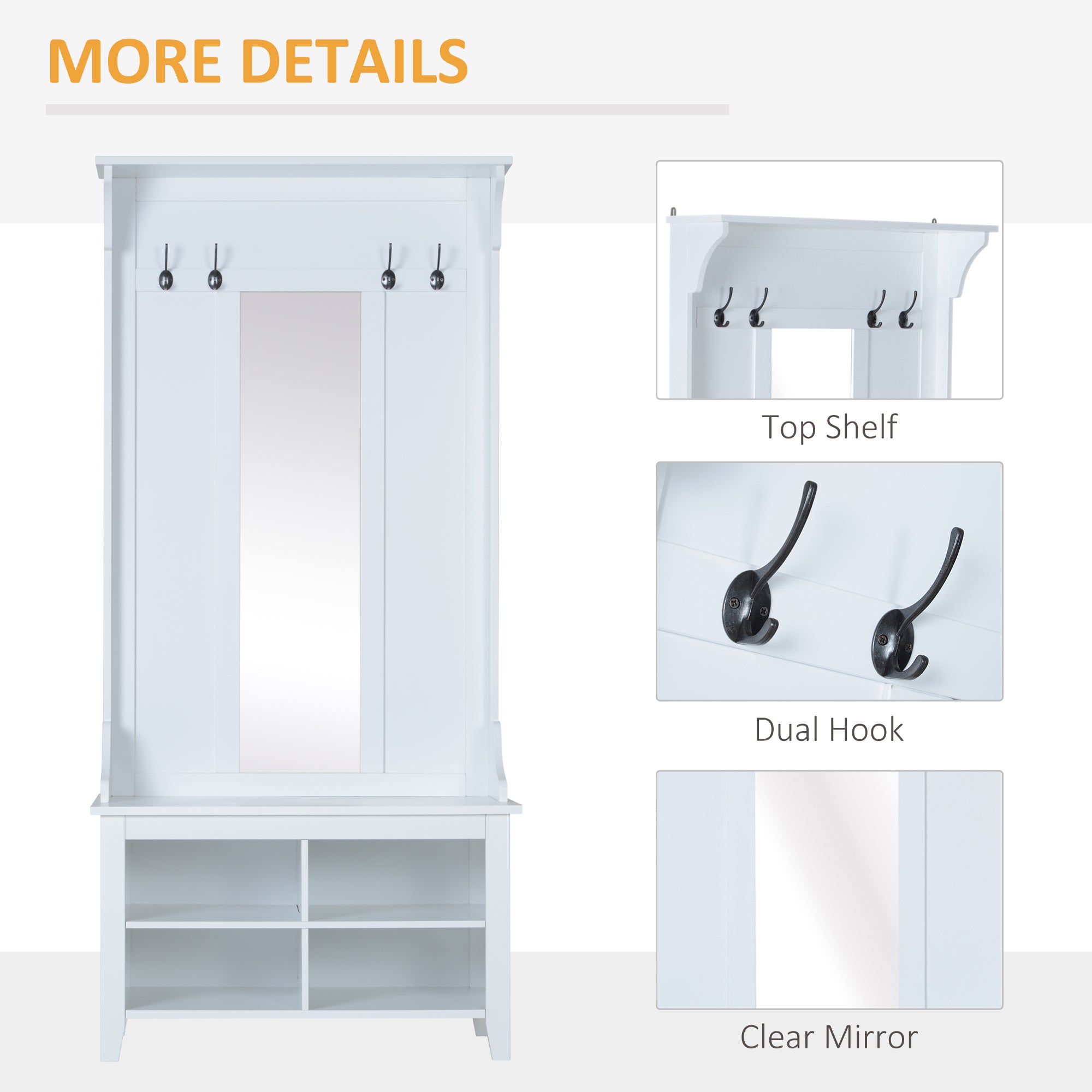 HOMCOM Entryway Storage Solution, Shoe Bench with Mirror, Coat Rack, Organiser Shelves, 4 Hooks, White