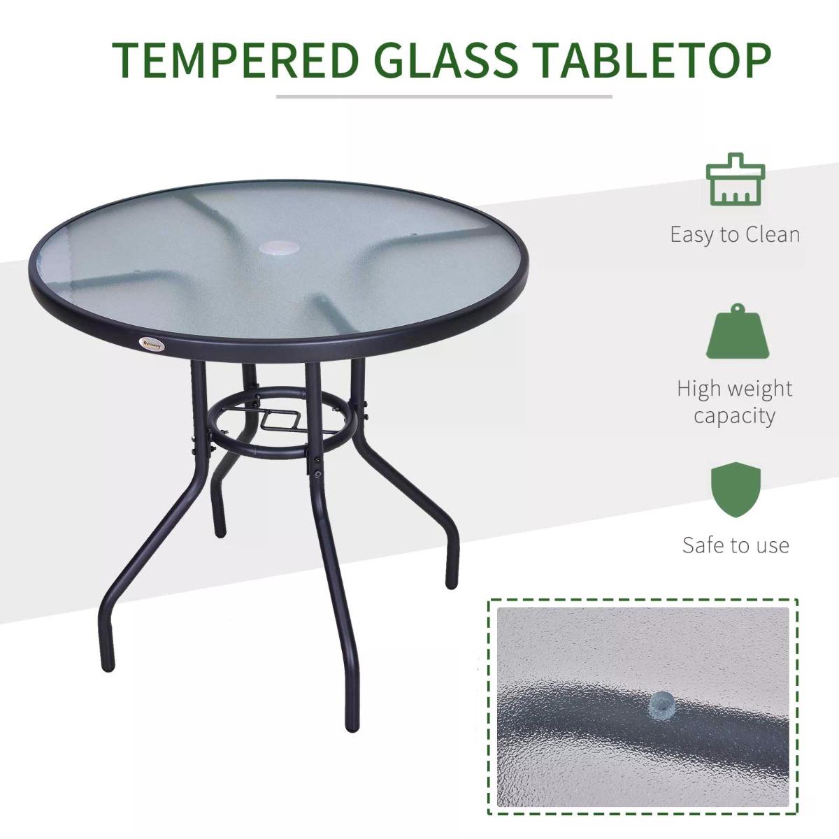 Outsunny Outdoor Round Dining Table Tempered Glass Top Steel Garden Table w/ Parasol Hole 80cm