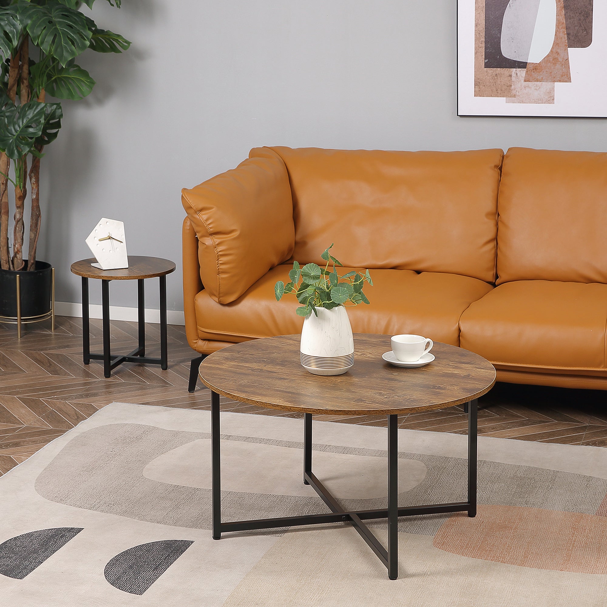 Kozy Round Coffee Table, Set of 2 Side Table with Metal Frame, Industrial End Table for Living Room Bedroom, Rustic Brown