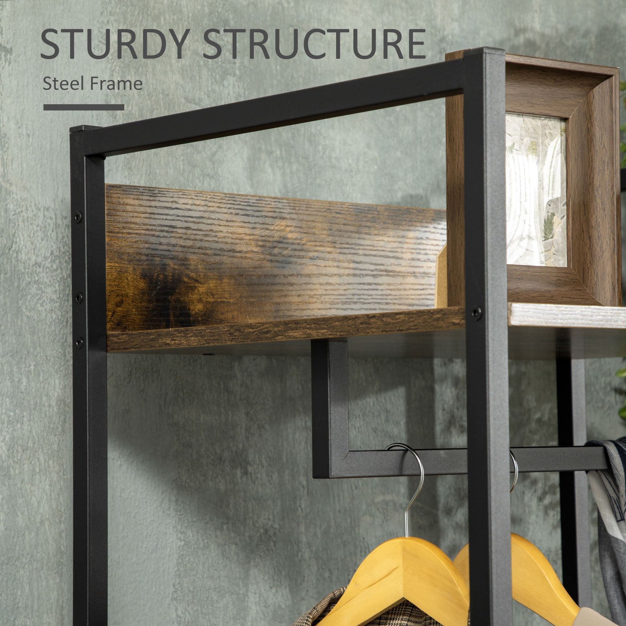 Kozy Clothes Rail, Metal Coat Stand, Garment Rack with 2 Fabric Storage Drawers, Single Wardrobe for Bedroom, Hallway, Rustic Brown and Grey