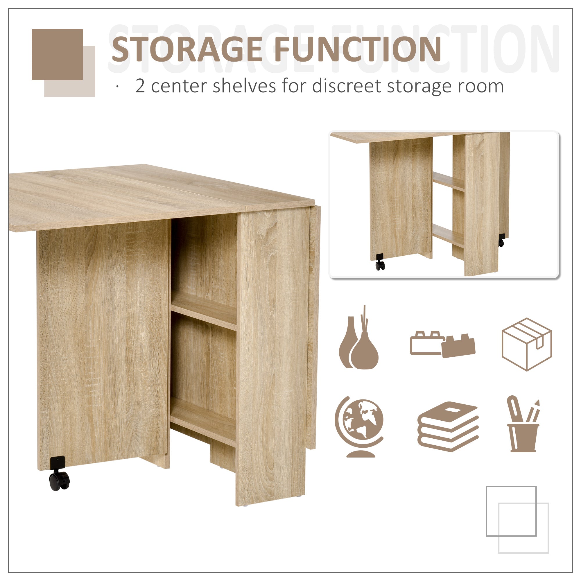 HOMCOM Folding Dining Kitchen Table, Mobile Drop Leaf, Small Spaces Design, 2 Wheels, 2 Storage Shelves, Oak