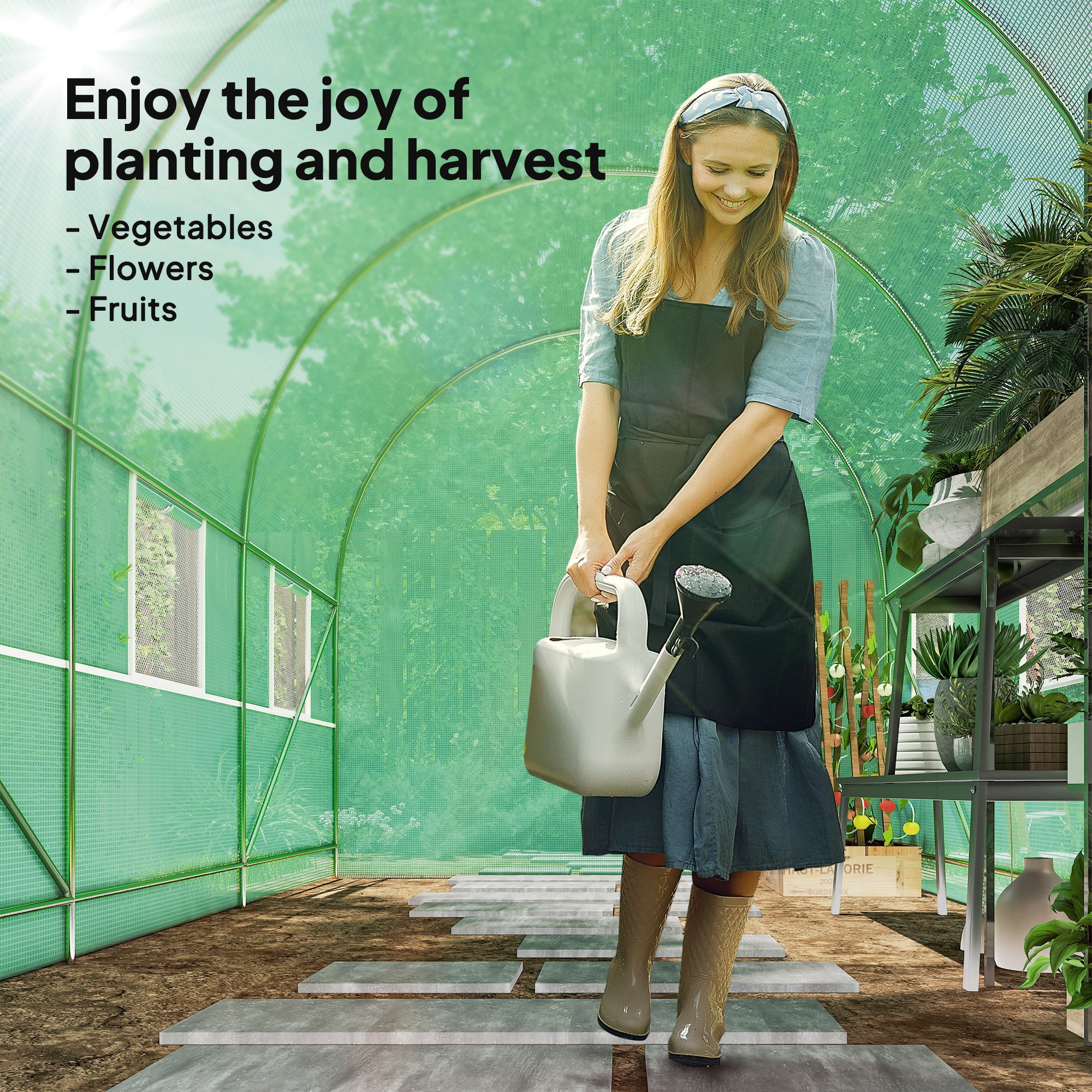 Kozy 3.5 x 2m Walk-In Polytunnel Greenhouse, with Steel Frame, PE Cover, Roll-Up Door and 6 Windows, Green