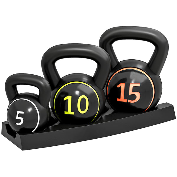 Three-Piece Kettlebell Set, 5lbs, 10lbs, 15lbs with Storage Tray