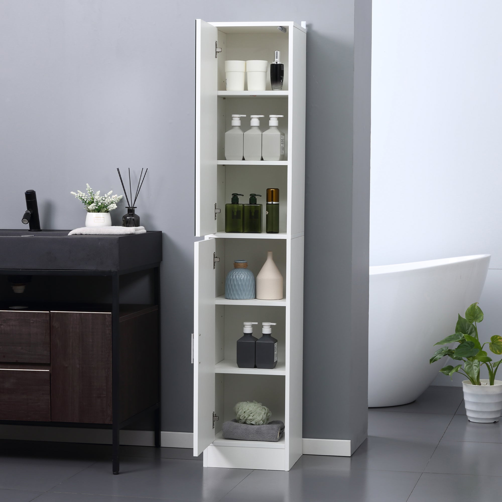 Kozy Tall Bathroom Cabinet with Mirror and Adjustable Shelf - White