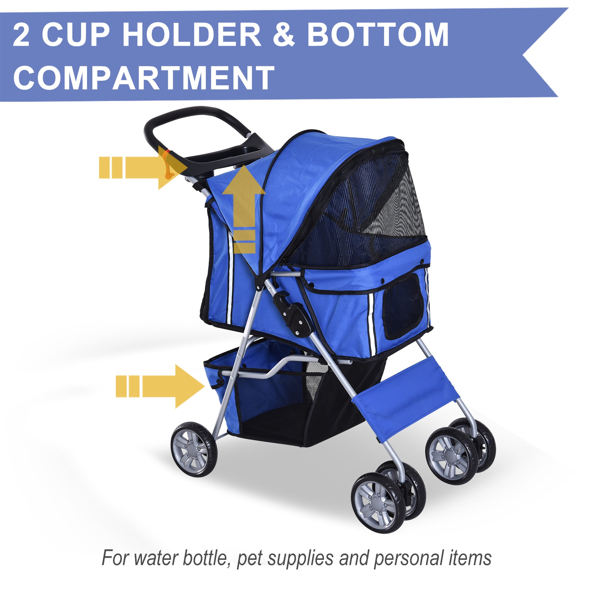 PawHut Dog Pushchair for Small Miniature Dogs Cats Foldable Travel Carriage with Wheels Zipper Entry Cup Holder Storage Basket Blue