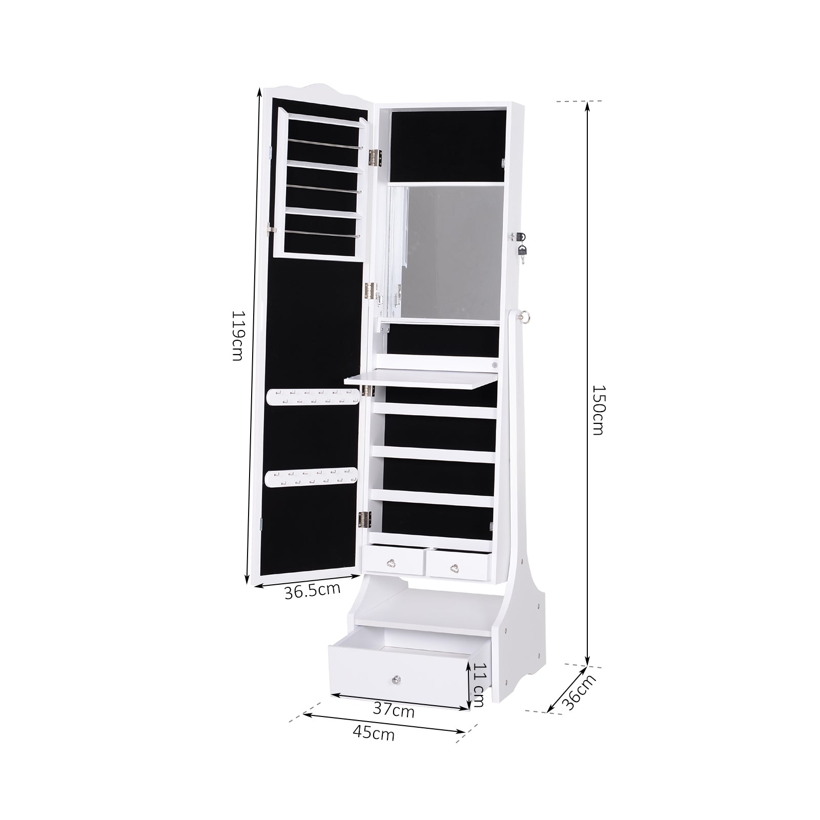 HOMCOM LED Jewellery Cabinet, Floor Standing Mirror Armoire with Flip