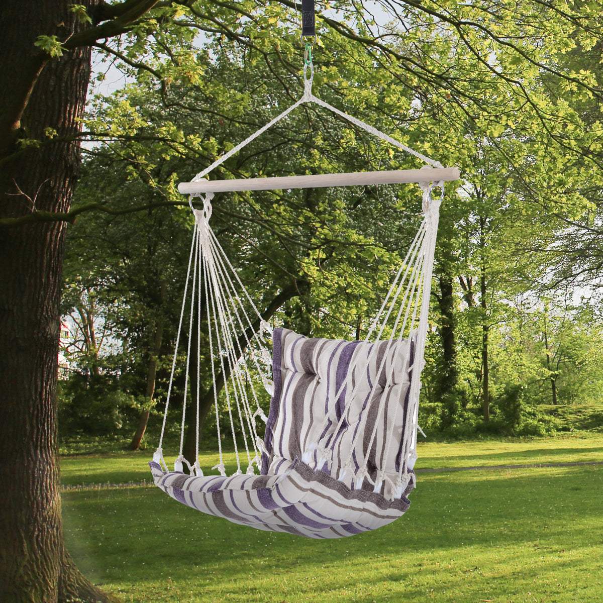 Outsunny Outdoor Hammock Hanging Rope Cushioned Chair Garden Yard Patio Swing Seat Wooden Cotton Cloth (Brown)