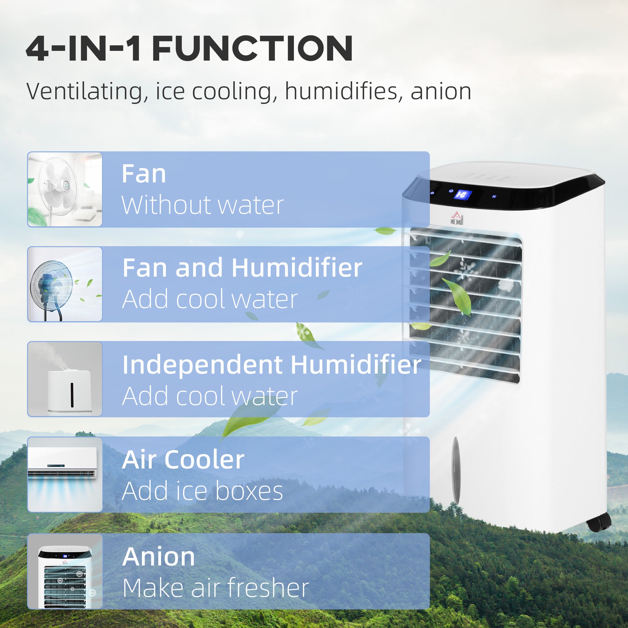 Kozy Portable Air Cooler, Evaporative Anion Ice Cooling Fan Water Conditioner Humidifier Unit with 10L Water Tank, 3 Modes, 3 Speed, Remote, Timer, Oscillating for Home Quiet Bedroom, White