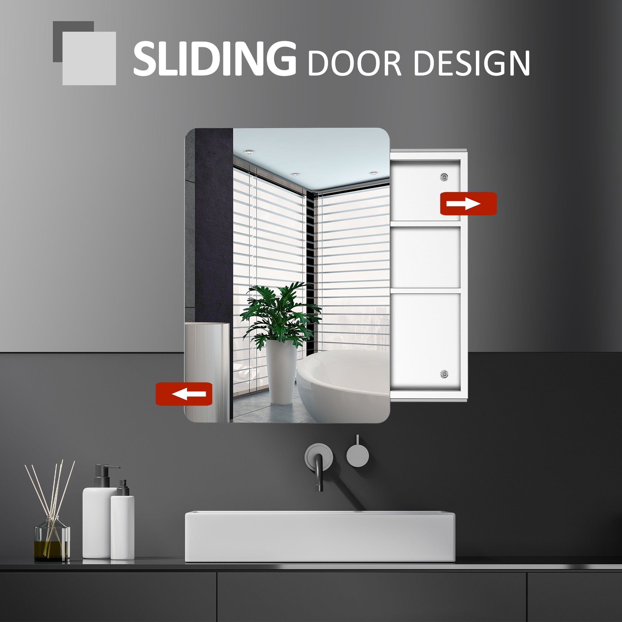 Kozy Bathroom Storage Cabinet w/Sliding Mirror Door, Wall Mounted Bathroom Cabinet with 3 Shelves, Stainless Steel Frame, 46W x 66H cm