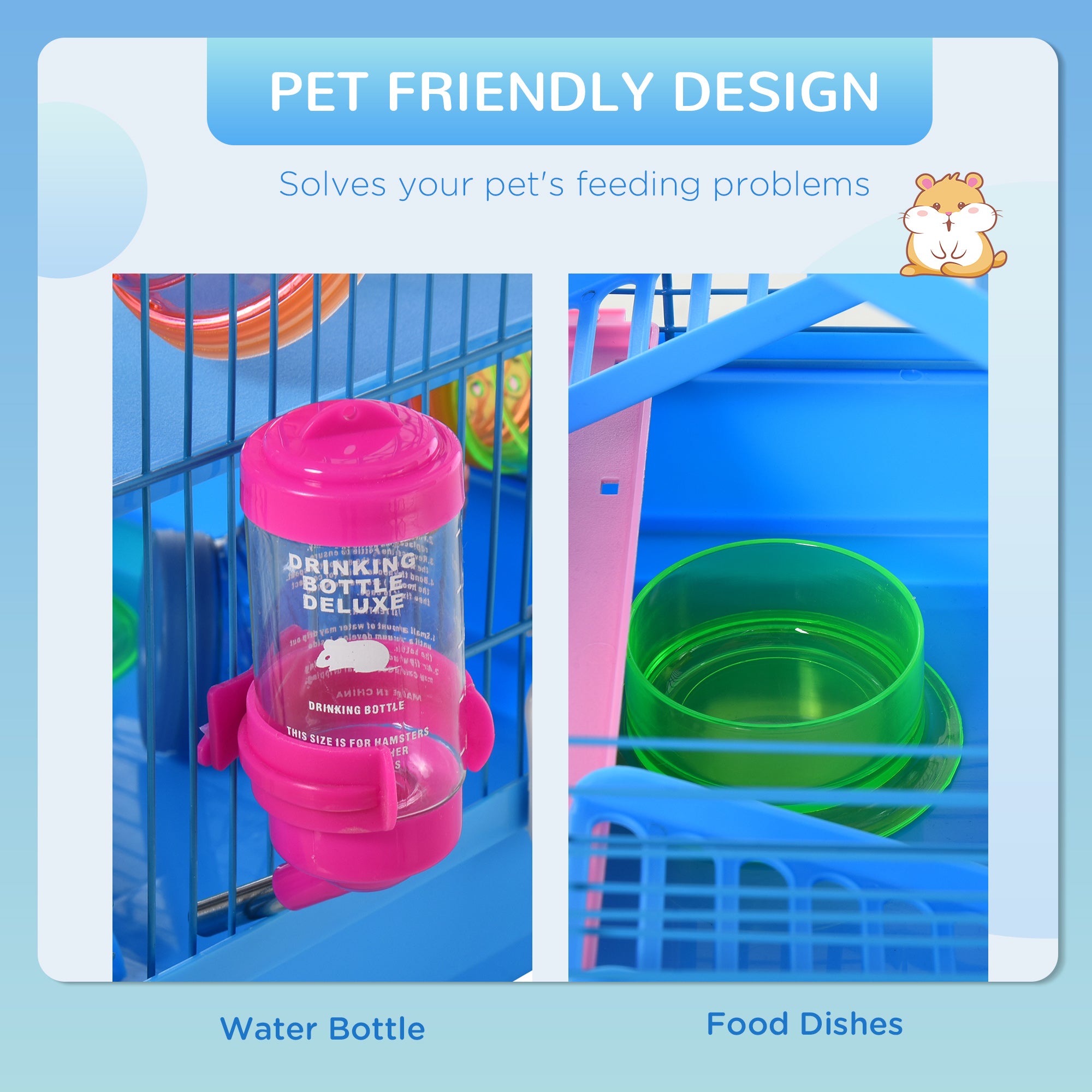 PawHut Hamster Habitat, 5 Tier Cage with Exercise Wheels, Tunnel, Water Bottle, Dishes, Ladder, Blue