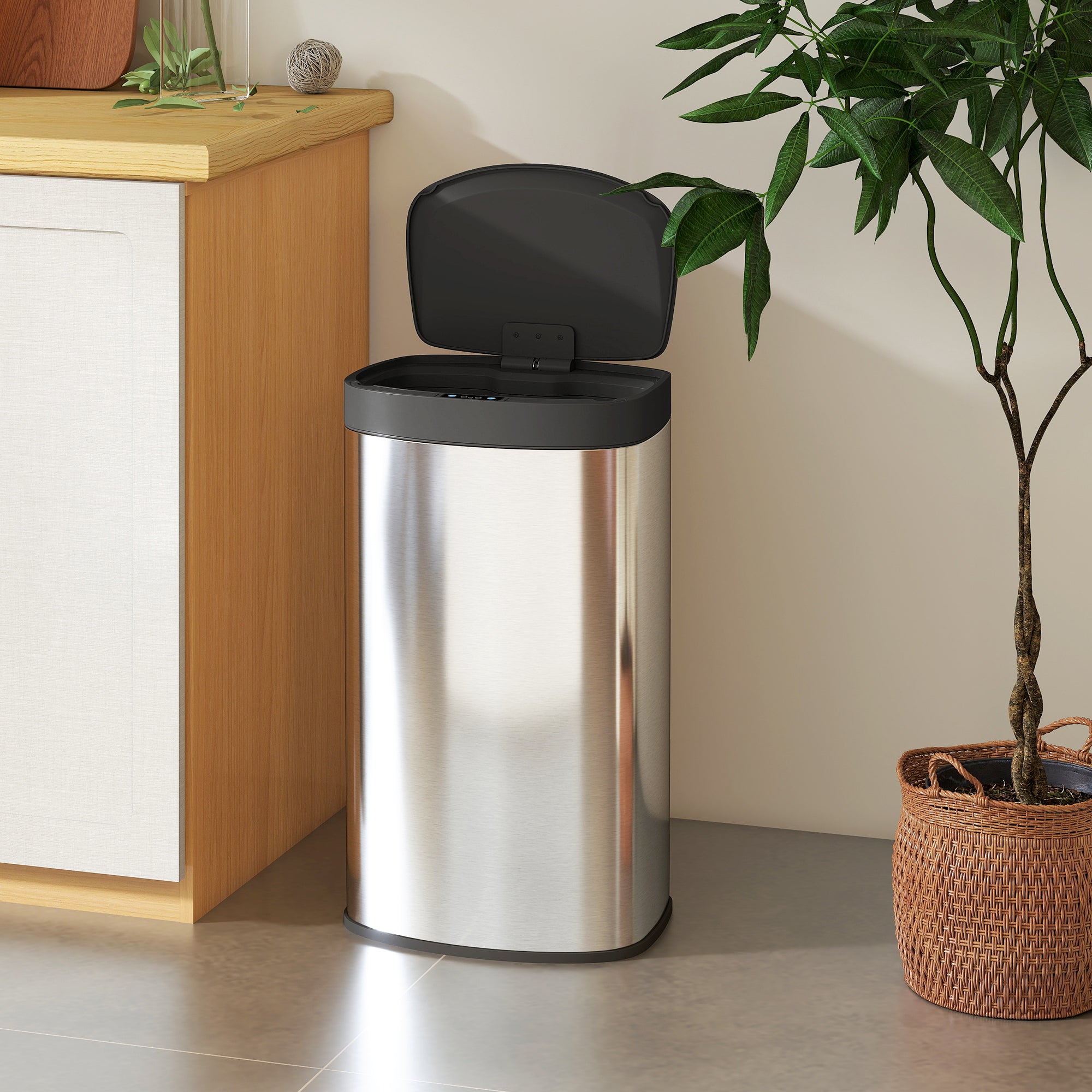 Kozy 55L Sensor Bin with Soft-Close Lid, Automatic Touchless Motion Sensor Kitchen Bin with Fingerprint Resistant Stainless Steel for Hygienic Gyms, Home Office Use, Silver Tone