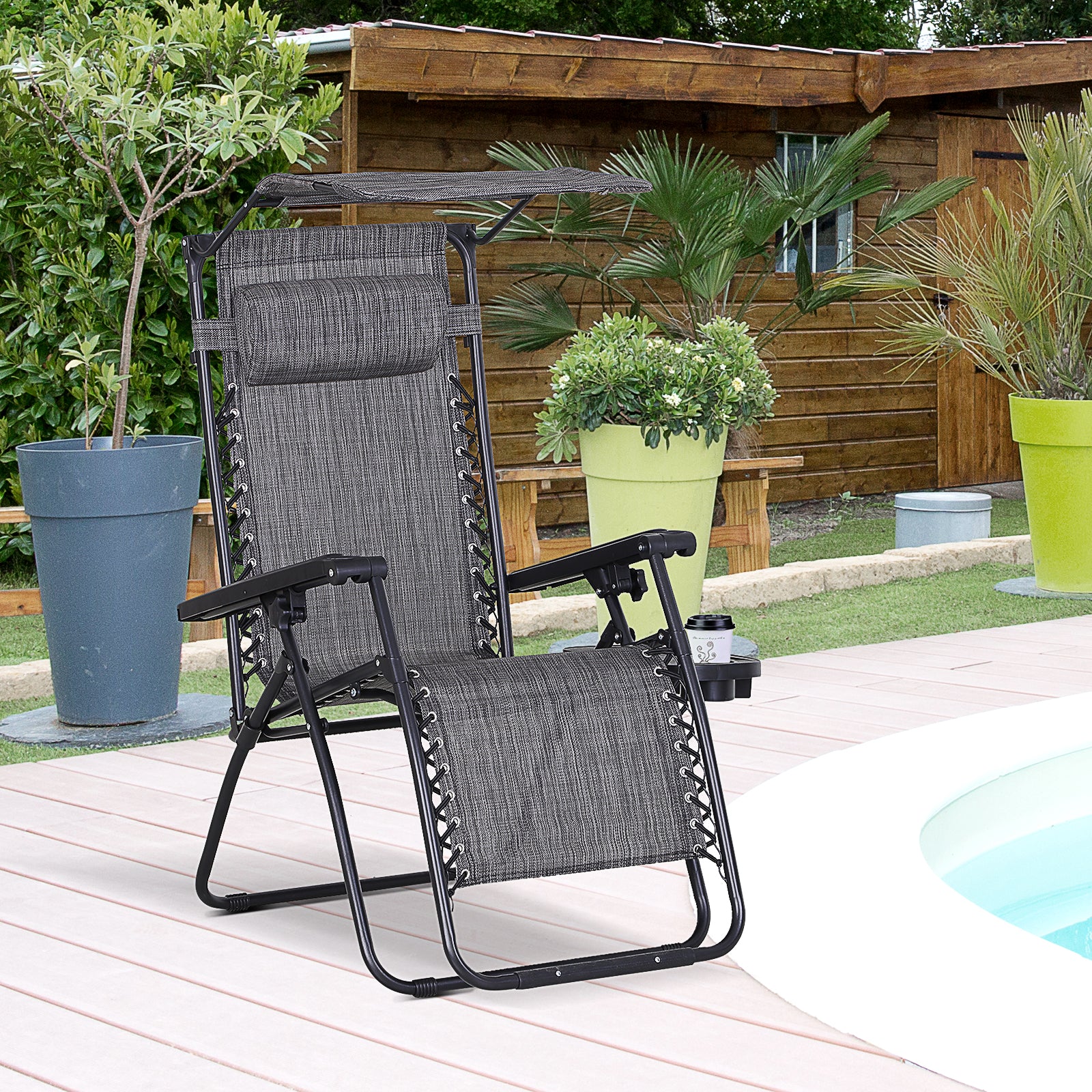 Kozy Foldable Reclining Garden Chair with Headrest, Zero Gravity Deck Sun Lounger Seat Chair with Footrest, Armrest, Cup Holder & Canopy Shade, Grey