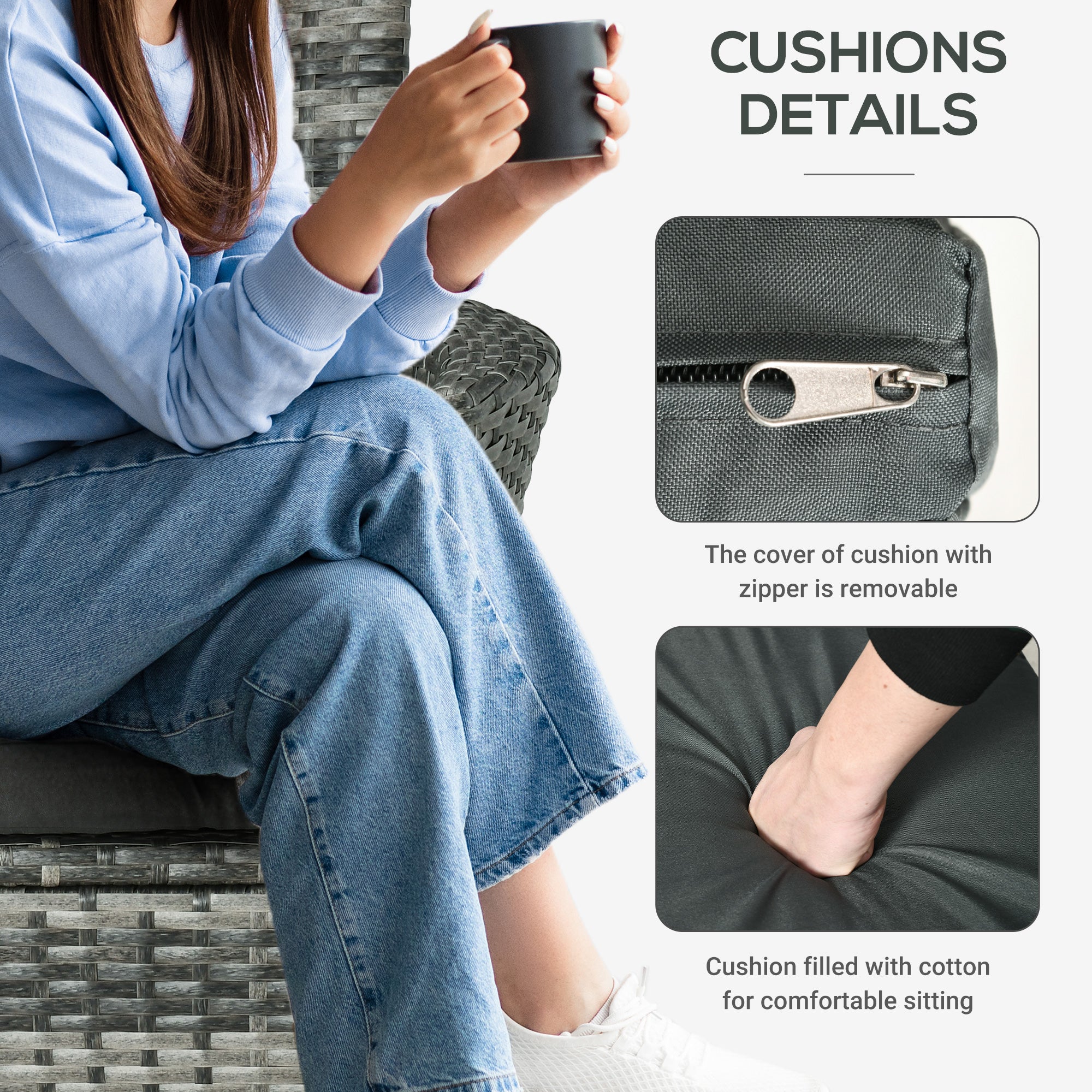 Kozy 3 Pieces Rattan Bistro Set, Wicker Garden Furniture Set with 2-Tier Coffee Table and Chairs, Washable Cushions, for Outdoor Patio Balcony, Mixed Grey