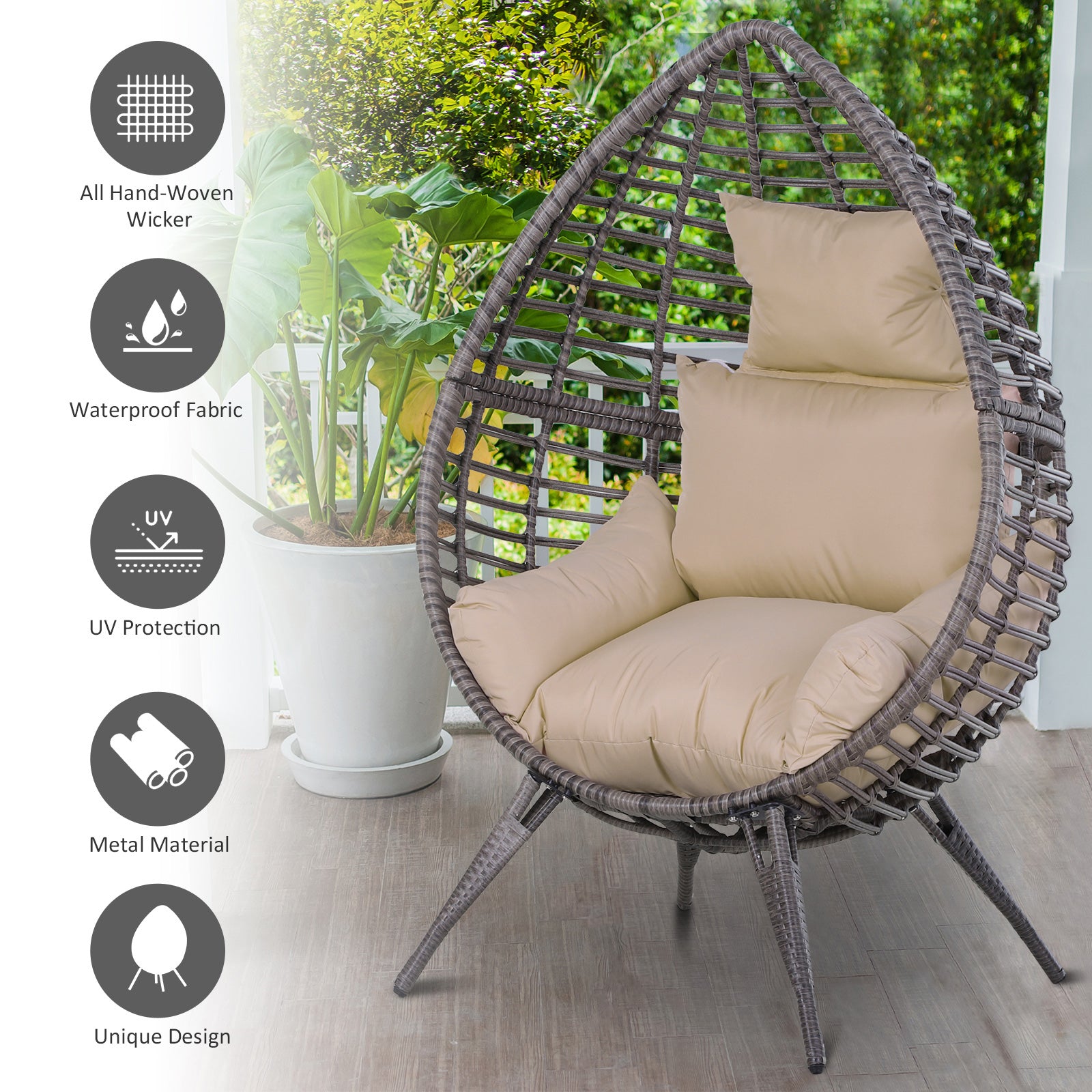 Kozy Garden Egg Chair, Teardrop Outdoor PE Rattan Chair with Full-body Soft Padded Cushion, Grey