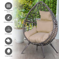 Kozy Garden Egg Chair, Teardrop Outdoor PE Rattan Chair with Full-body Soft Padded Cushion, Grey