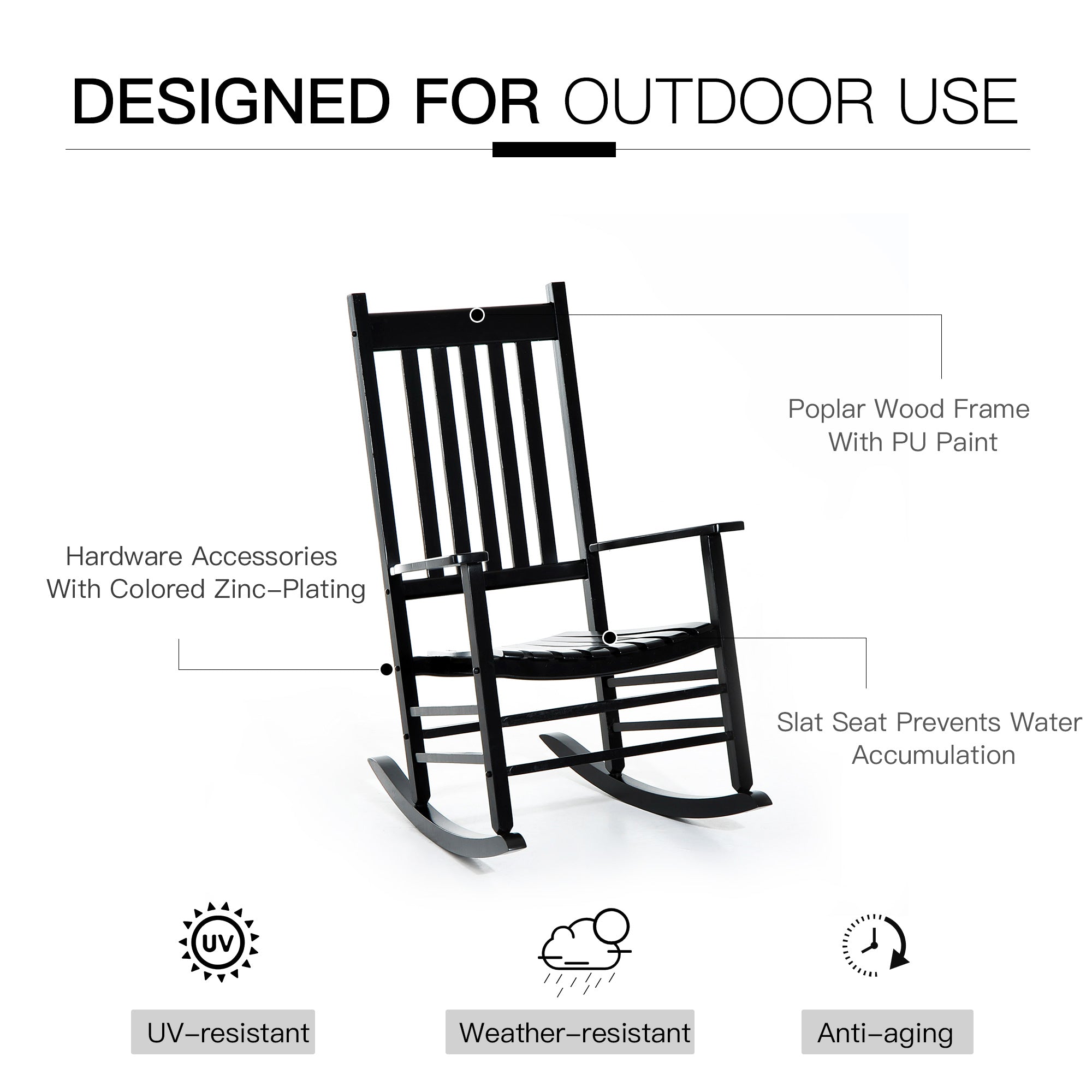 Outsunny Wooden Rocking Chair, Patio Rocker Armchair for Balcony, Deck, Outdoor Porch Garden Seat, Black