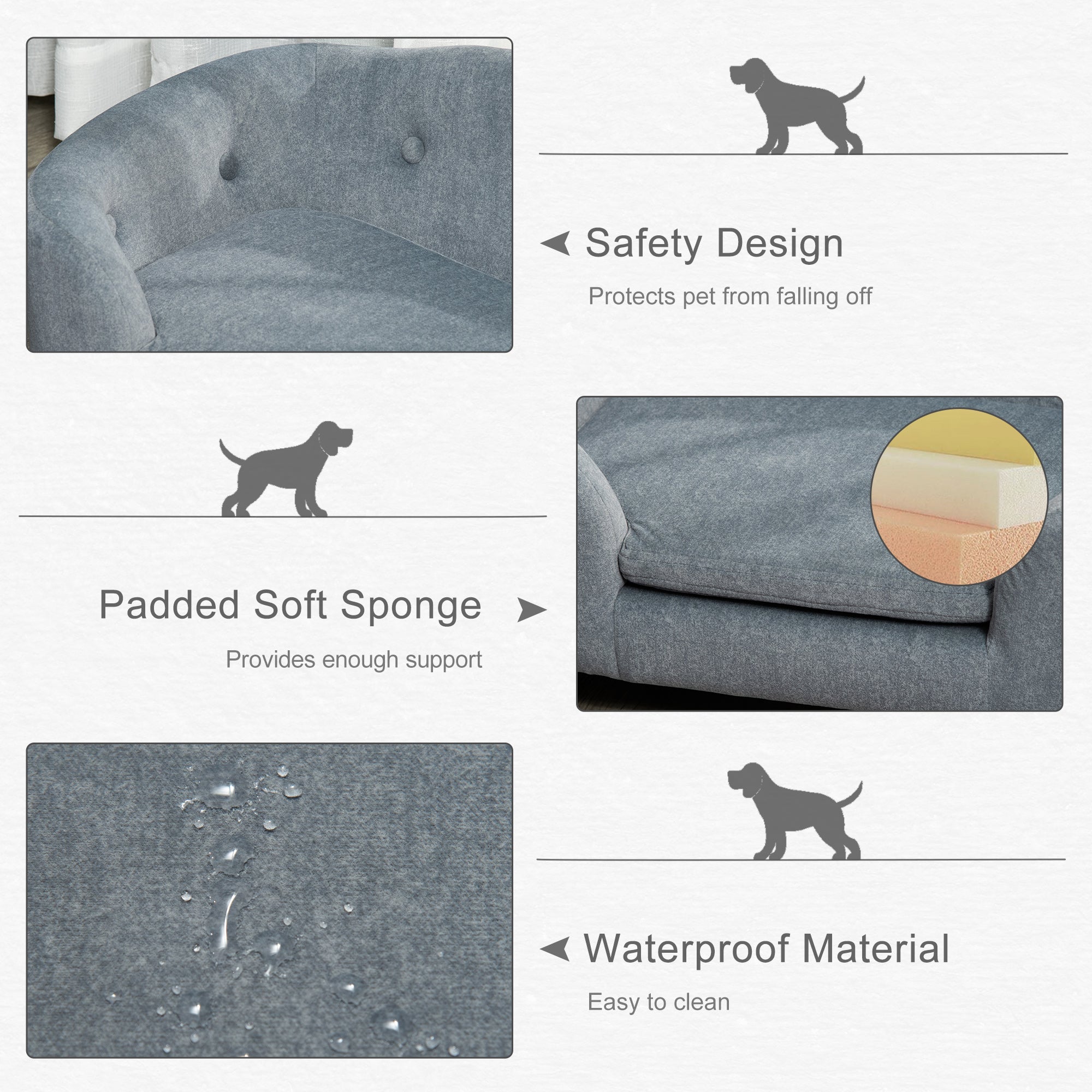 Kozy Dog Sofa Bed Pet Chair Couch with Water Resistant Fabric, Kitten Lounge with Soft Cushion, Wooden Frame for Mini Size Dogs - Grey