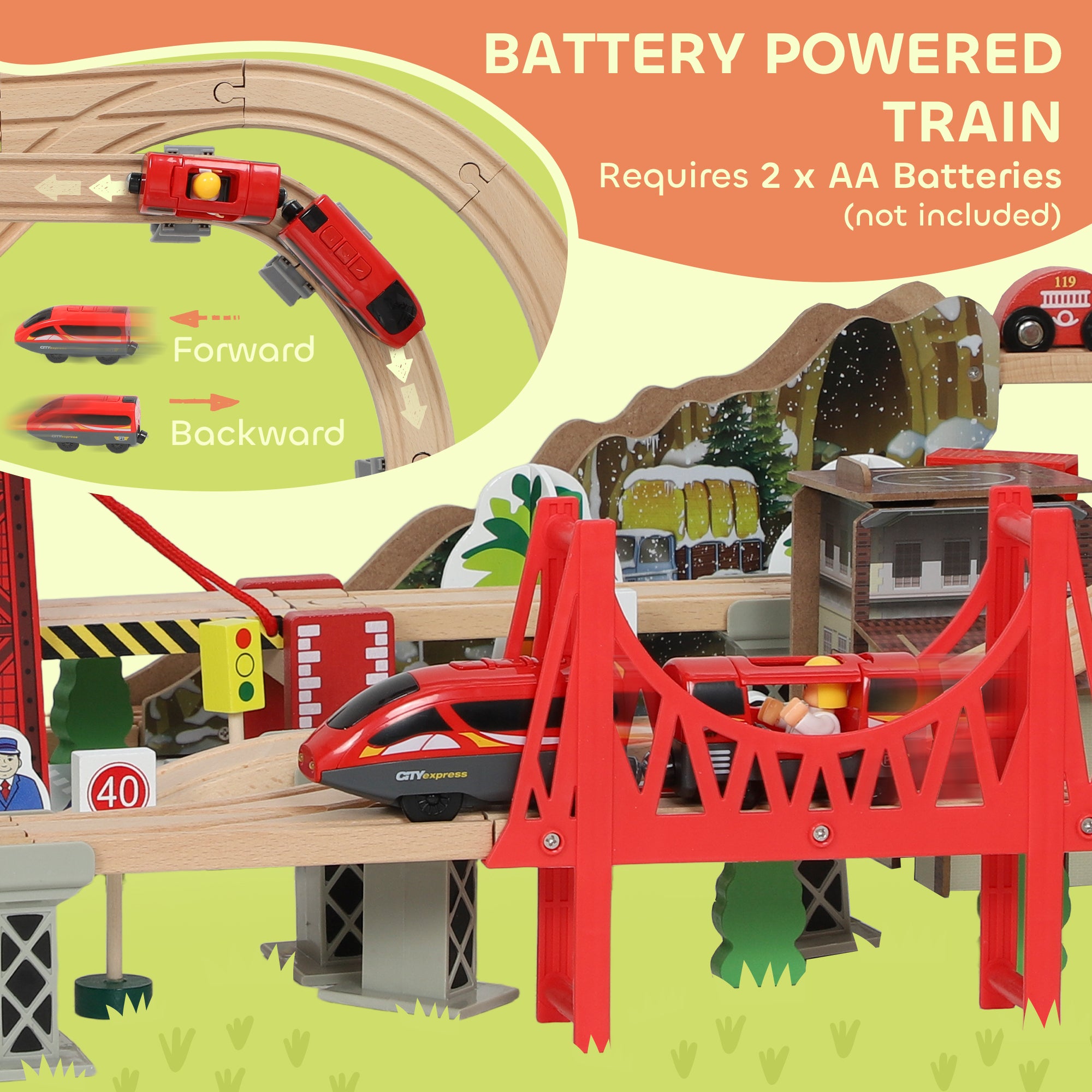 Kozy 100 Piece Wooden Train Set for Kids 3+ Years with Track, Crane, Battery Operated Train