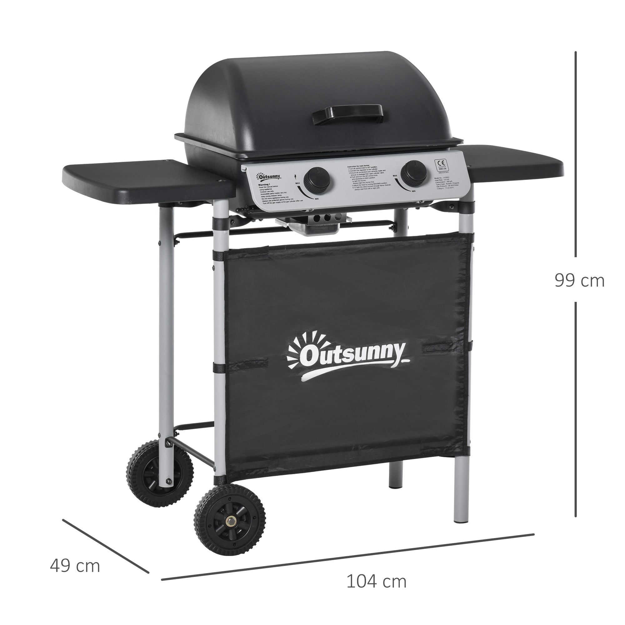 Kozy 2 Burner Gas BBQ Trolley with Lid, 5.6 kW Gas Barbecue Grill with Wheels, Side Shelves, Black
