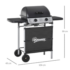 Kozy 2 Burner Gas BBQ Trolley with Lid, 5.6 kW Gas Barbecue Grill with Wheels, Side Shelves, Black