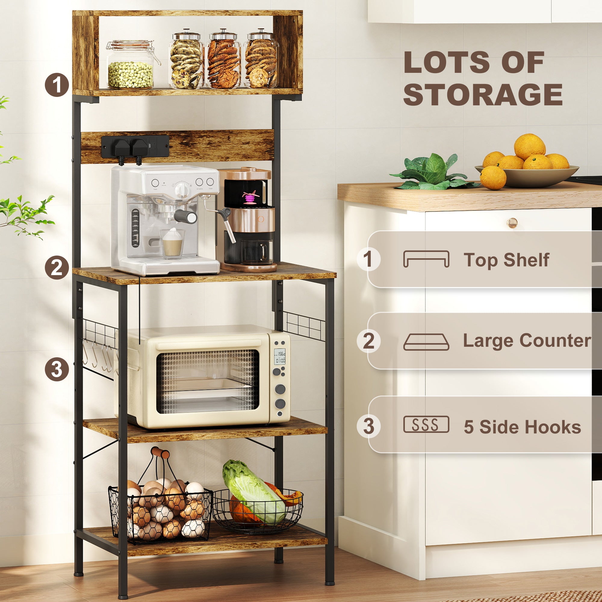 Kozy - Bakers Rack with Power Outlet, USB Charger, Microwave Stand with Adjustable Shelves, 5 Hooks for Small Spaces, Kitchen Storage Unit for Spices, Pots and Pans, Rustic Brown