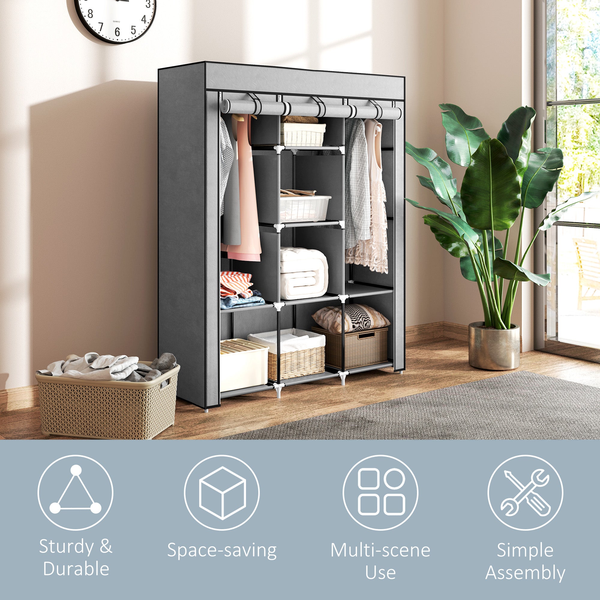 Kozy Fabric Wardrobe, with Rails and Shelves - Cream White