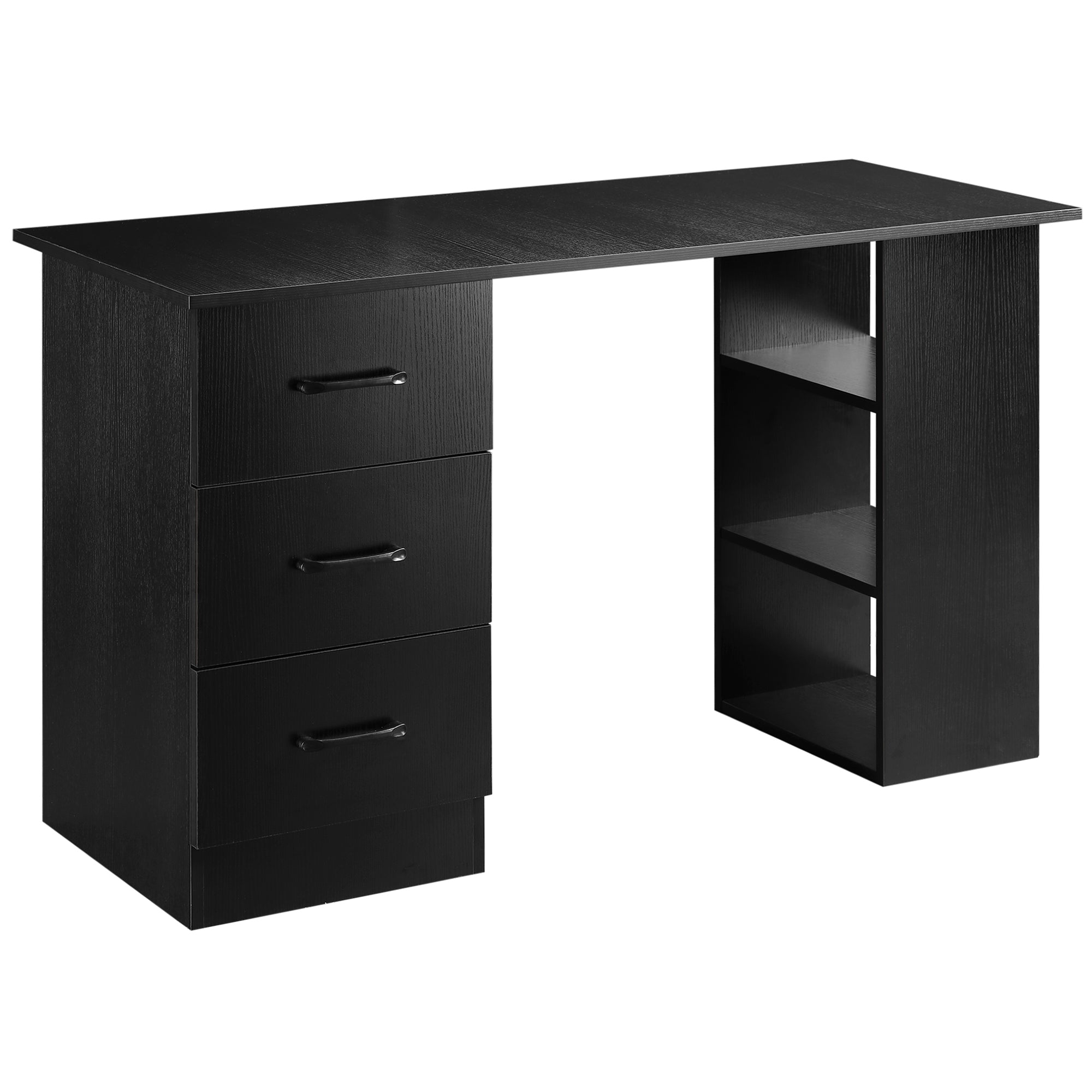 Kozy Computer Desk, Writing Table, PC Workstation with 3 Storage Shelves and Drawers, Black Handle, for Home Office, Black