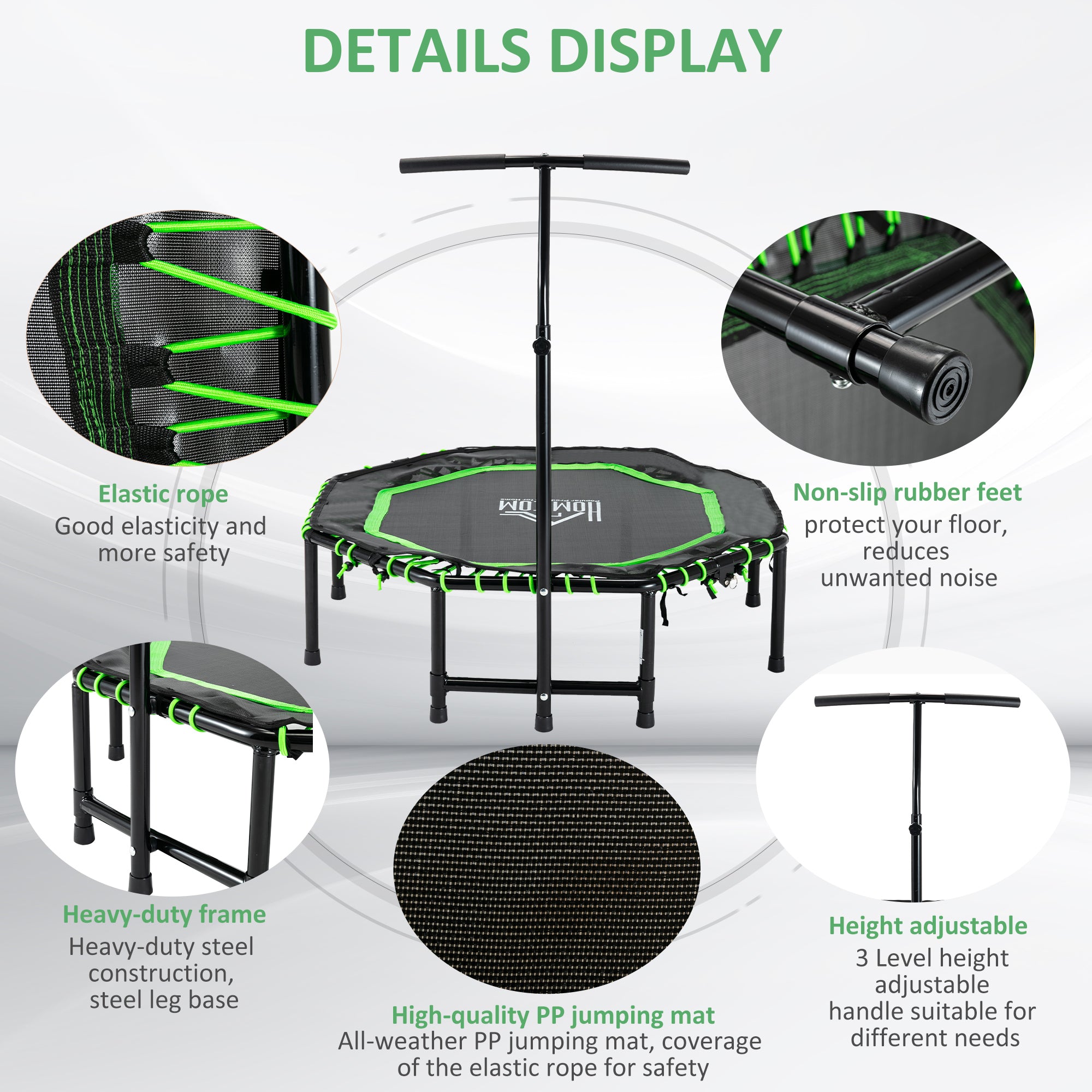 Kozy 48" Octagonal Mini Fitness Rebounder Trampoline Indoor Outdoor Foldable Mini Jumper with Adjustable Handle, Green