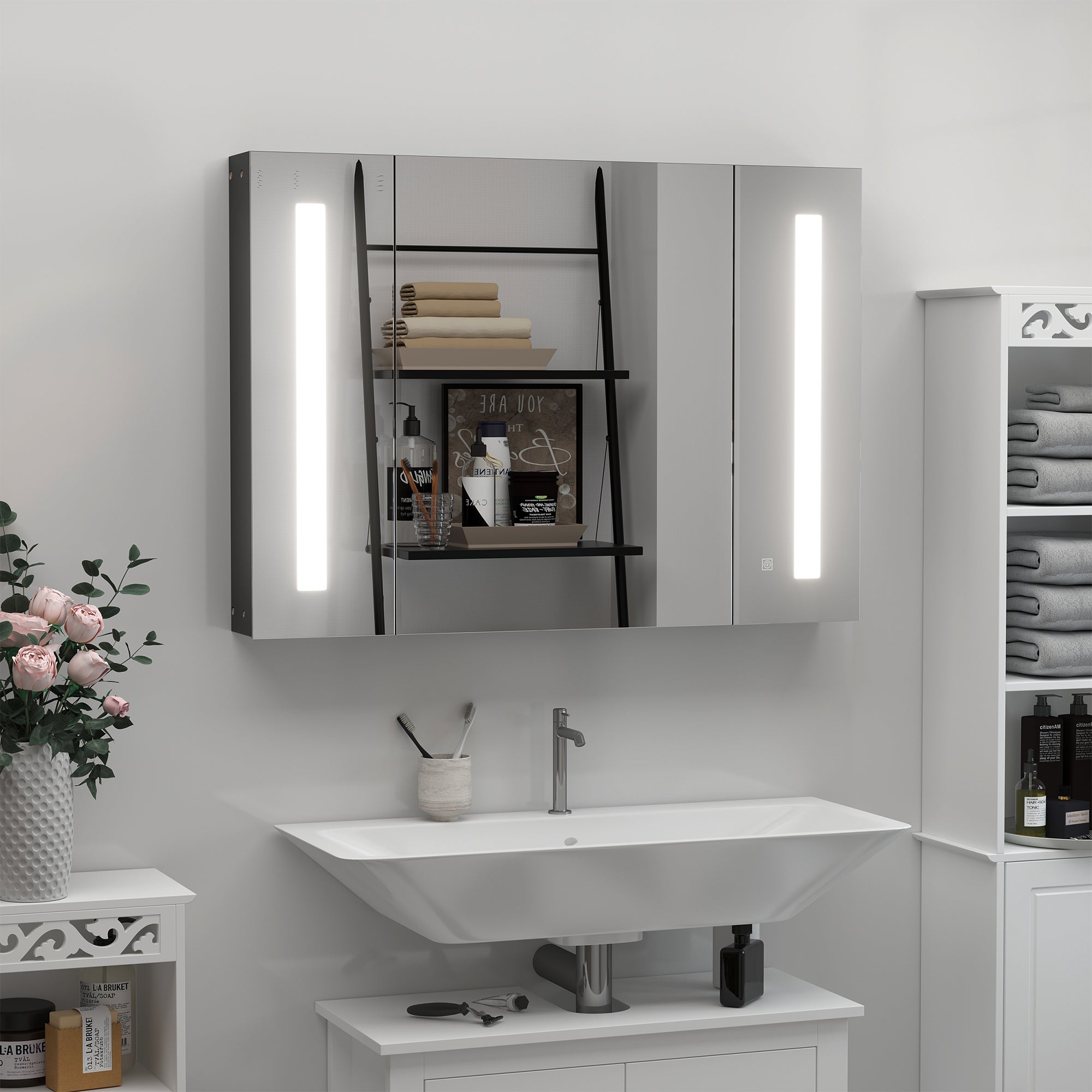 Kozy LED Bathroom Cabinet with Mirror, Wall Mounted Dimmable Brightness Storage Organiser with 3 Mirrored Doors and Adjustable Shelves, Memory Function, USB Charge, High Gloss Black