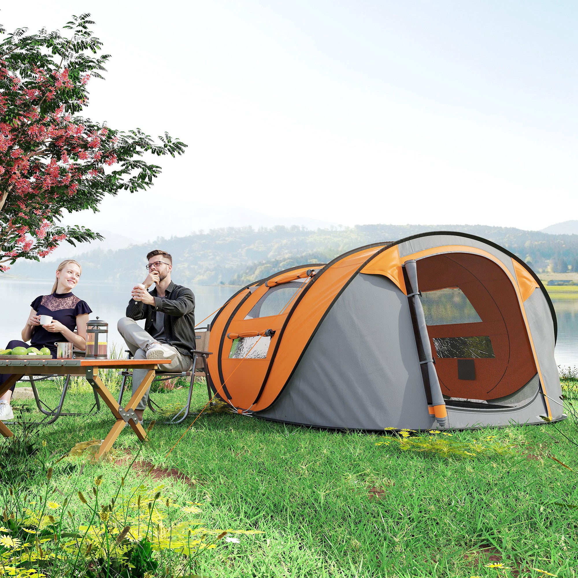 Kozy 4 Person Pop-up Camping Tent Family Tent with Ground Sheet, 4 Windows and Portable Carry Bag for Beach Outdoor Trip, Orange