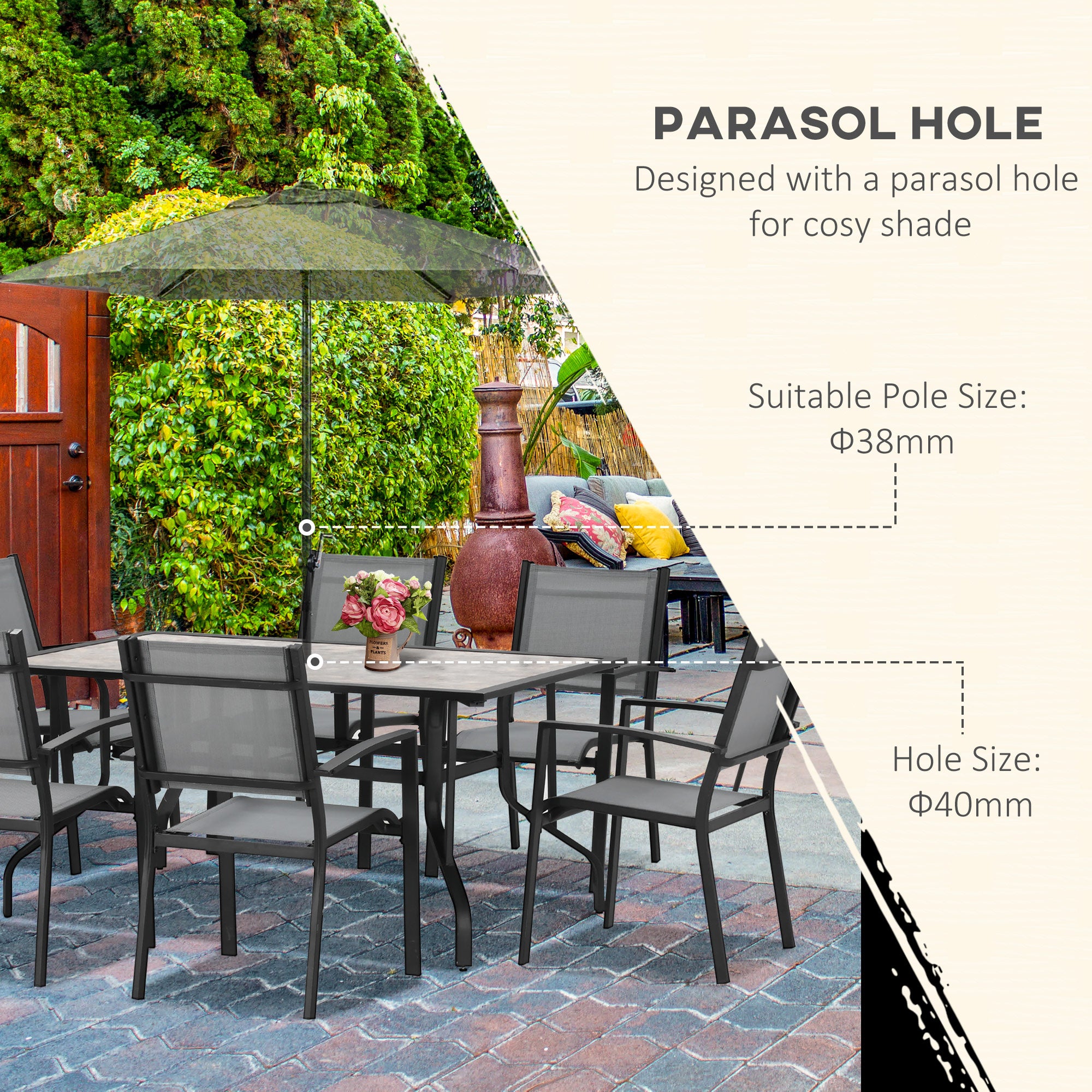 Kozy 7 Pieces Garden Dining Set, 6 Seater Garden Table and Chairs with Parasol Hole, Outdoor Furniture Armchairs and Stone-like Plastic Top Table with Breathable Mesh Fabric Seat, Grey