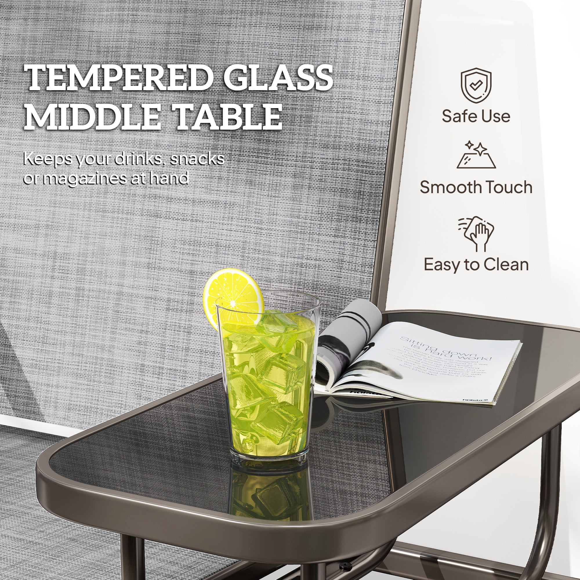 Kozy 2 Seats Garden Glider Bench, Metal Frame Loveseat with Glass Top  Centre Table, Porch Rocking Glider for 2 Person, for Deck, Patio, Brown/ Grey