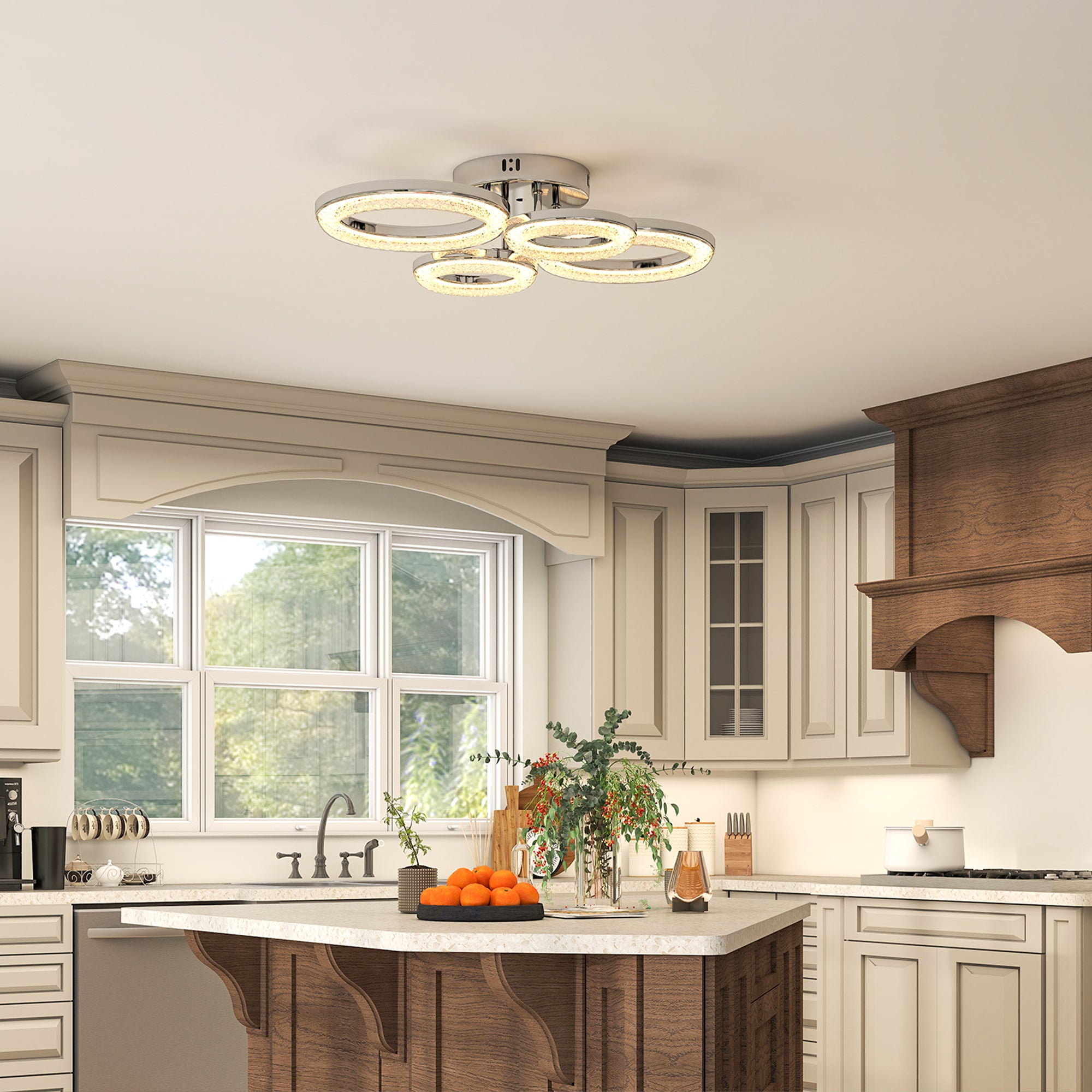 Kozy - LED Ceiling Light, Modern 4 Rings Ceiling Lamp with Wall Switch Control, 40W 4350lm Flush Mount Ceiling Light with 3500K/4500K/6000K Colour Temperatures for Living Room, Bedroom, Silver Tone