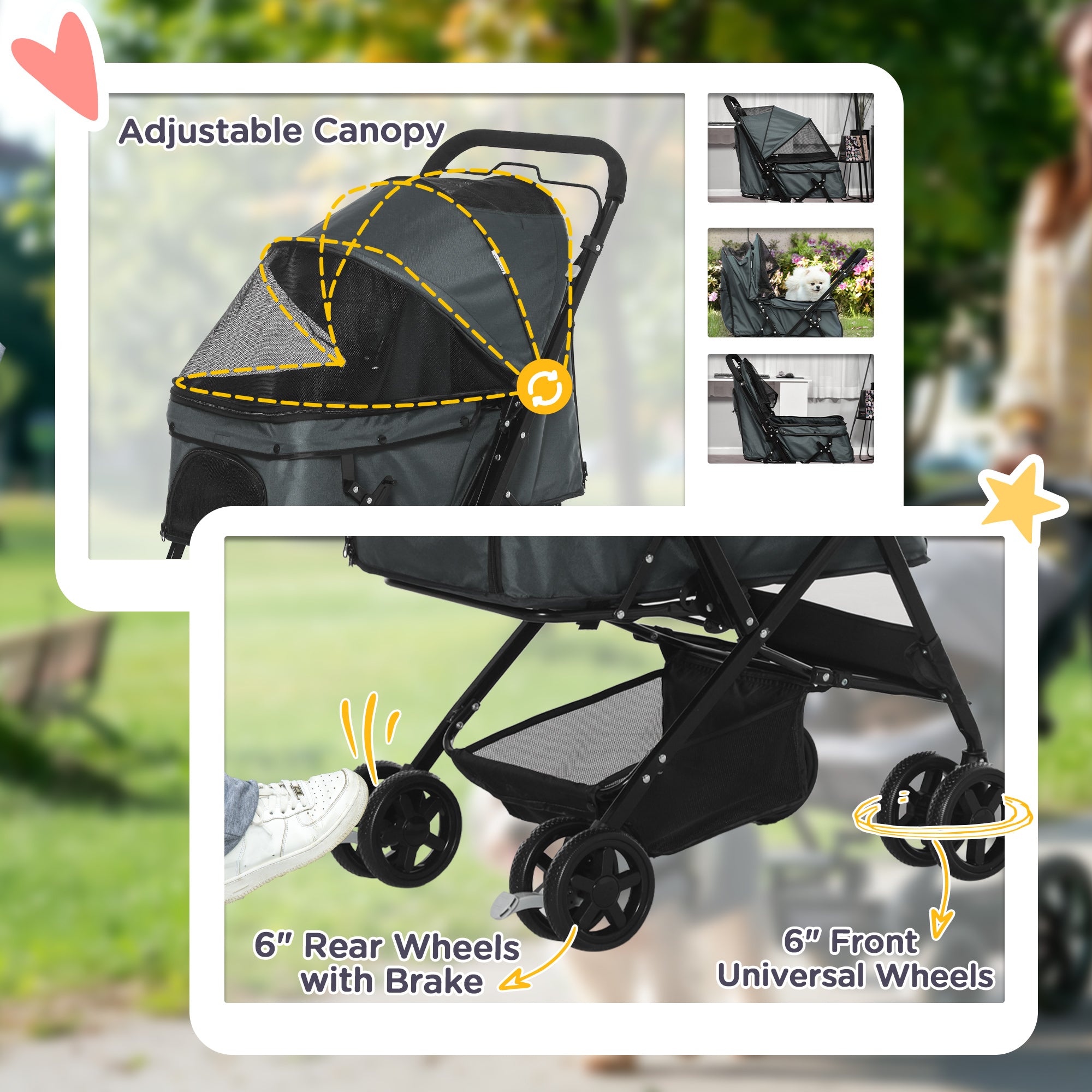 Kozy Pet Stroller Pushchair Foldable Travel Dog Cat Carriage w/ Reversible Handle Brake Basket