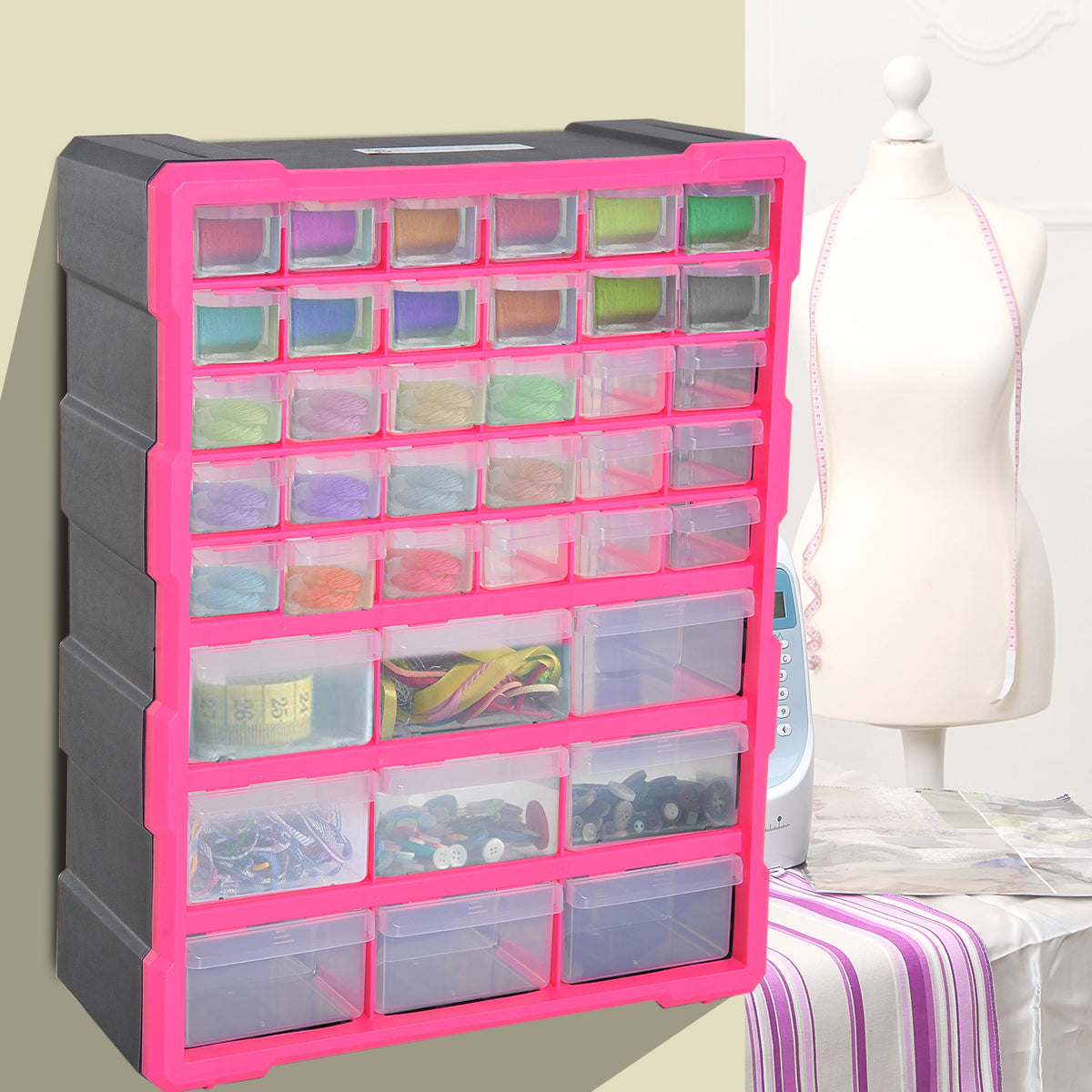 DURHAND Organiser with 39 Drawers, Plastic Storage Cabinet for Small Parts, 38Lx16Dx47.5H cm, Rose Red