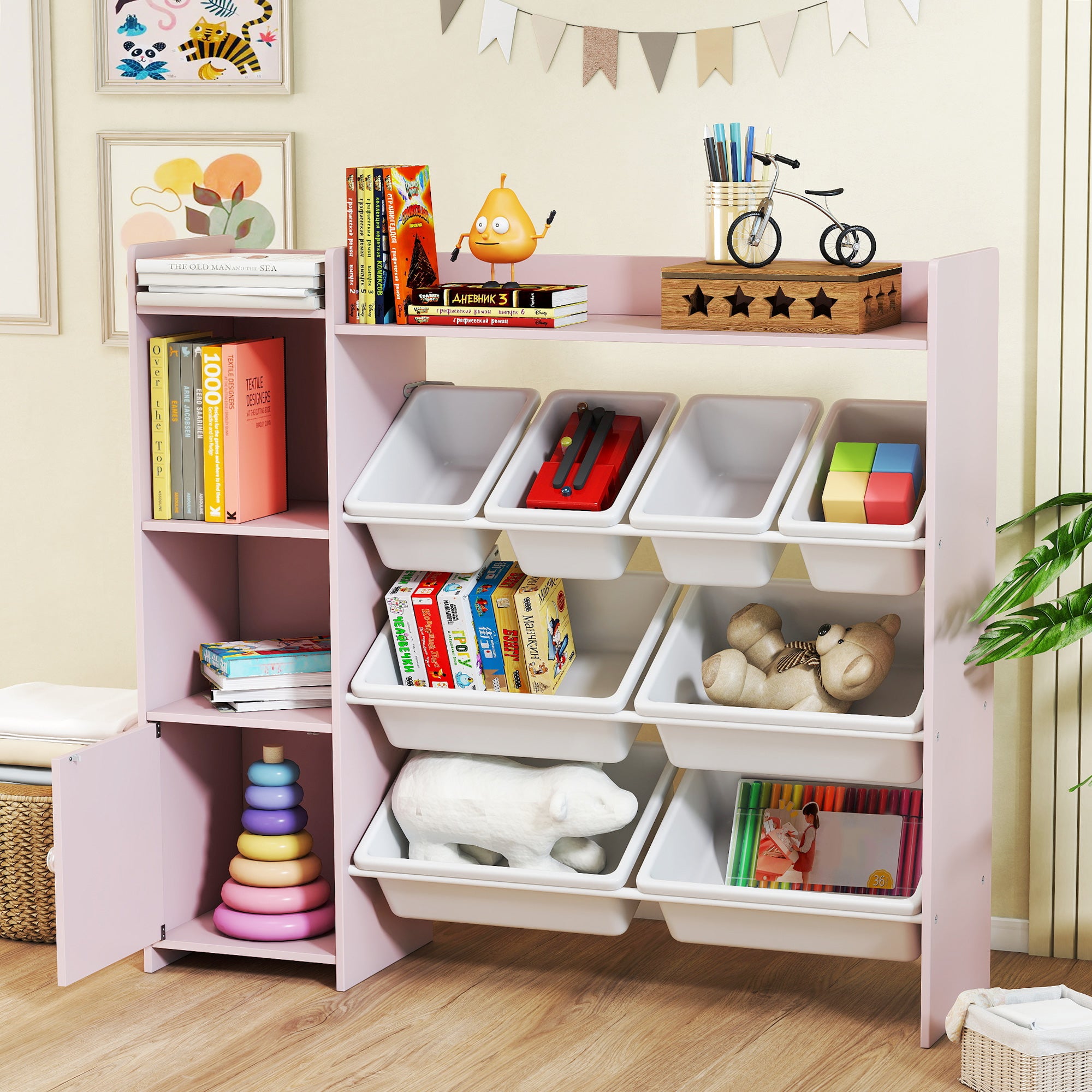 Kozy Toy Storage Unit with 8 Removable Bins, Storage Shelves, Cabinet, Pink
