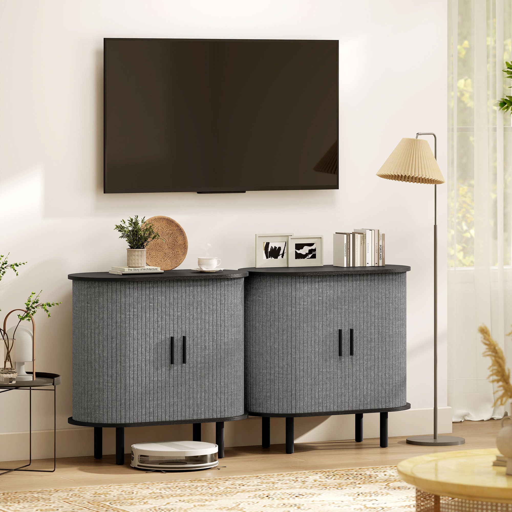 Kozy Tambour Sideboard with Fluted Sliding Doors, Modern Kitchen Cupboard with Storage Shelves and Wooden Legs, Grey