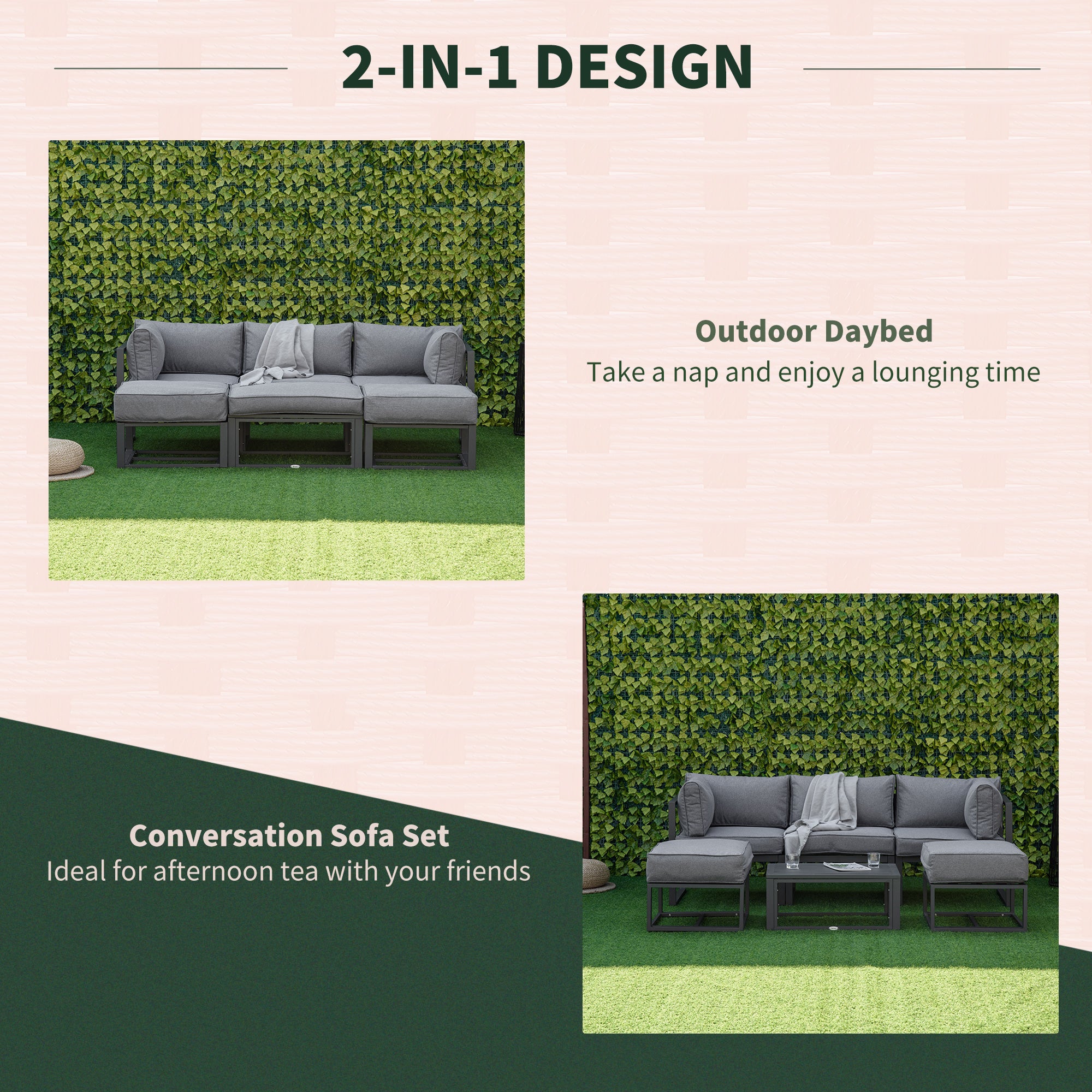 Kozy Garden Daybed, 6 Piece Outdoor Sectional Sofa Set, Aluminum Patio Conversation Furniture Set with Coffee Table, Footstool and Cushions, Grey