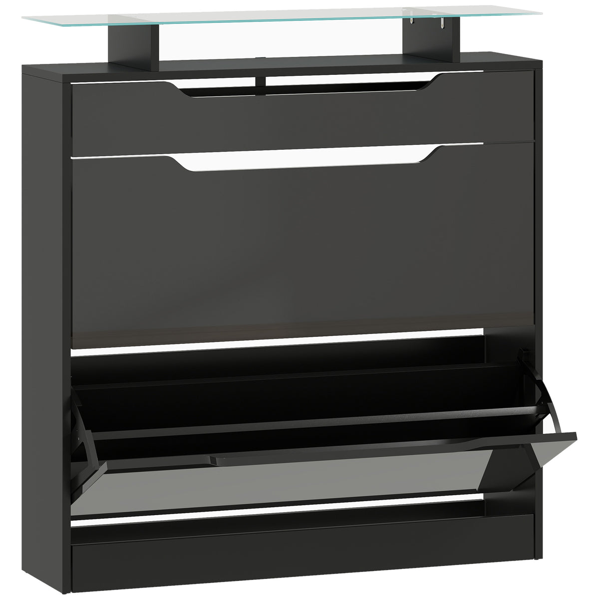 Kozy - Shoe Storage Cabinet with Slide Out Drawer, 2 Flip Doors, Tempered Glass Top - Black
