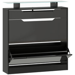 Kozy - Shoe Storage Cabinet with Slide Out Drawer, 2 Flip Doors, Tempered Glass Top - Black
