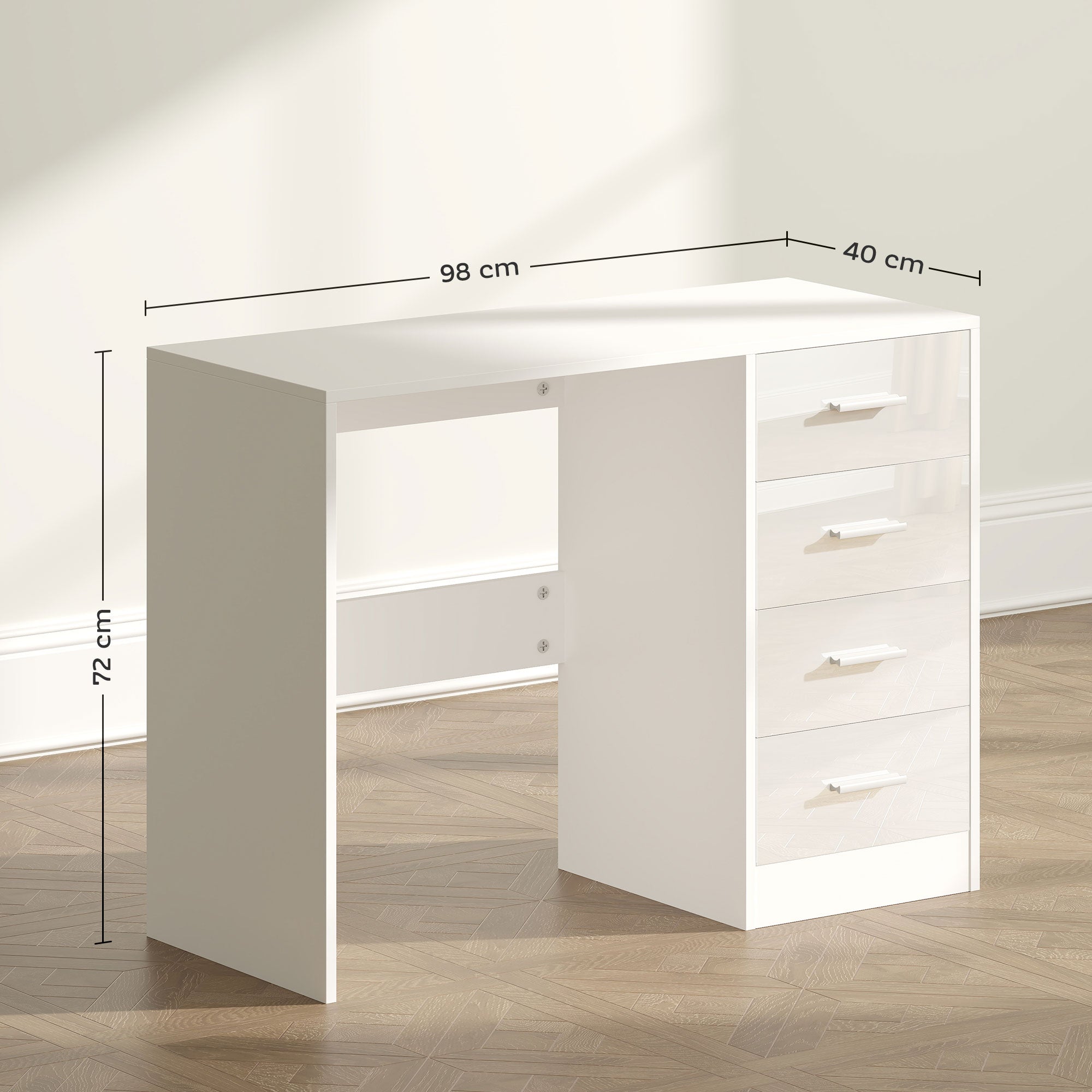 Kozy Computer Desk with Drawers, Dressing Table, High Gloss Home Office Writing Workstation, White