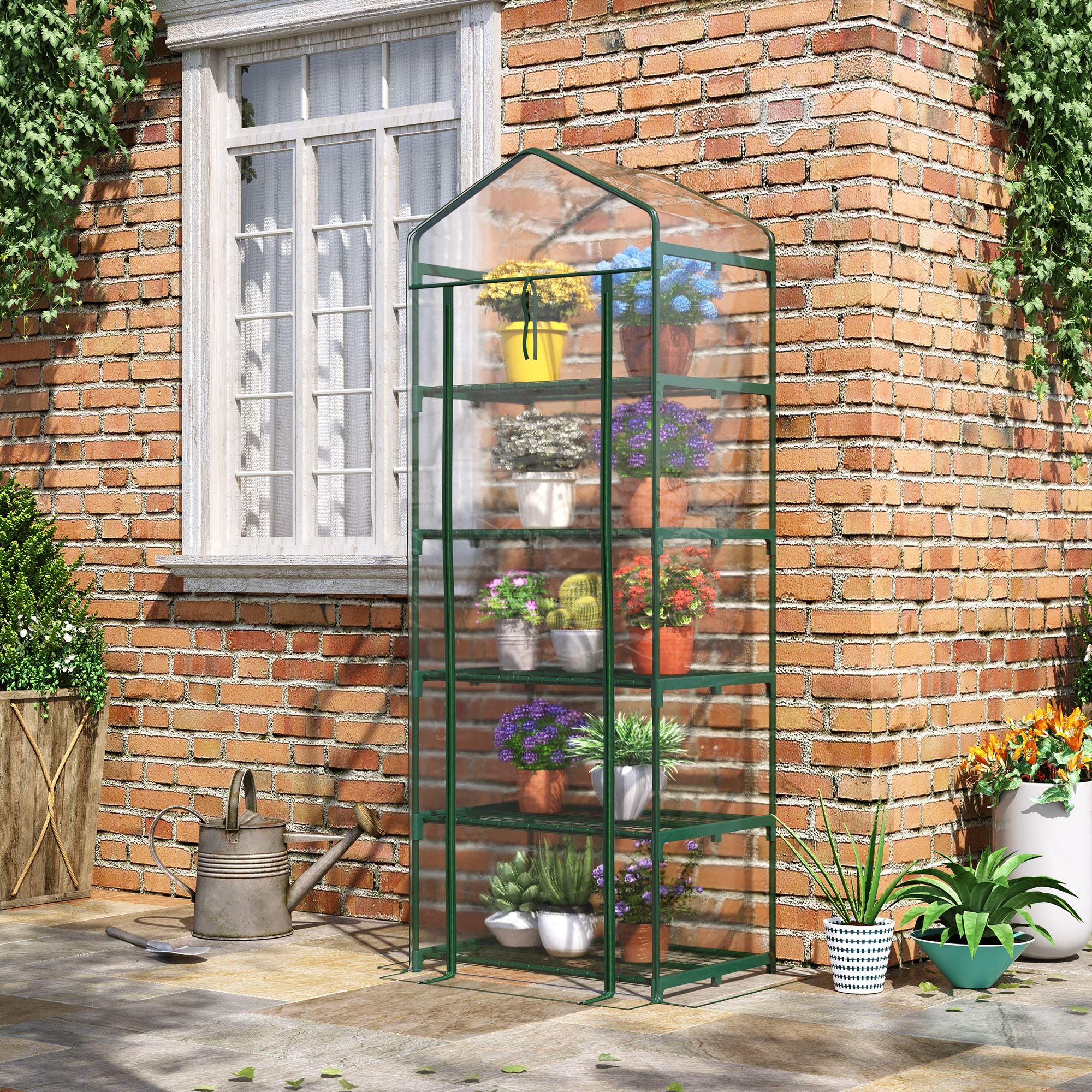 Kozy 5 Tier Mini Greenhouse, Small Walk-in Greenhouse with Reinforced Plastic Cover, Garden Grow House with Roll Up Door and Shelves, 69 x 49 x 193cm, Green