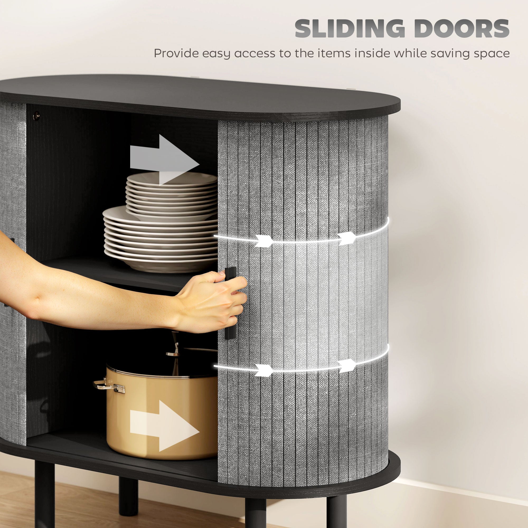 Kozy Tambour Sideboard with Fluted Sliding Doors, Modern Kitchen Cupboard with Storage Shelves and Wooden Legs, Grey