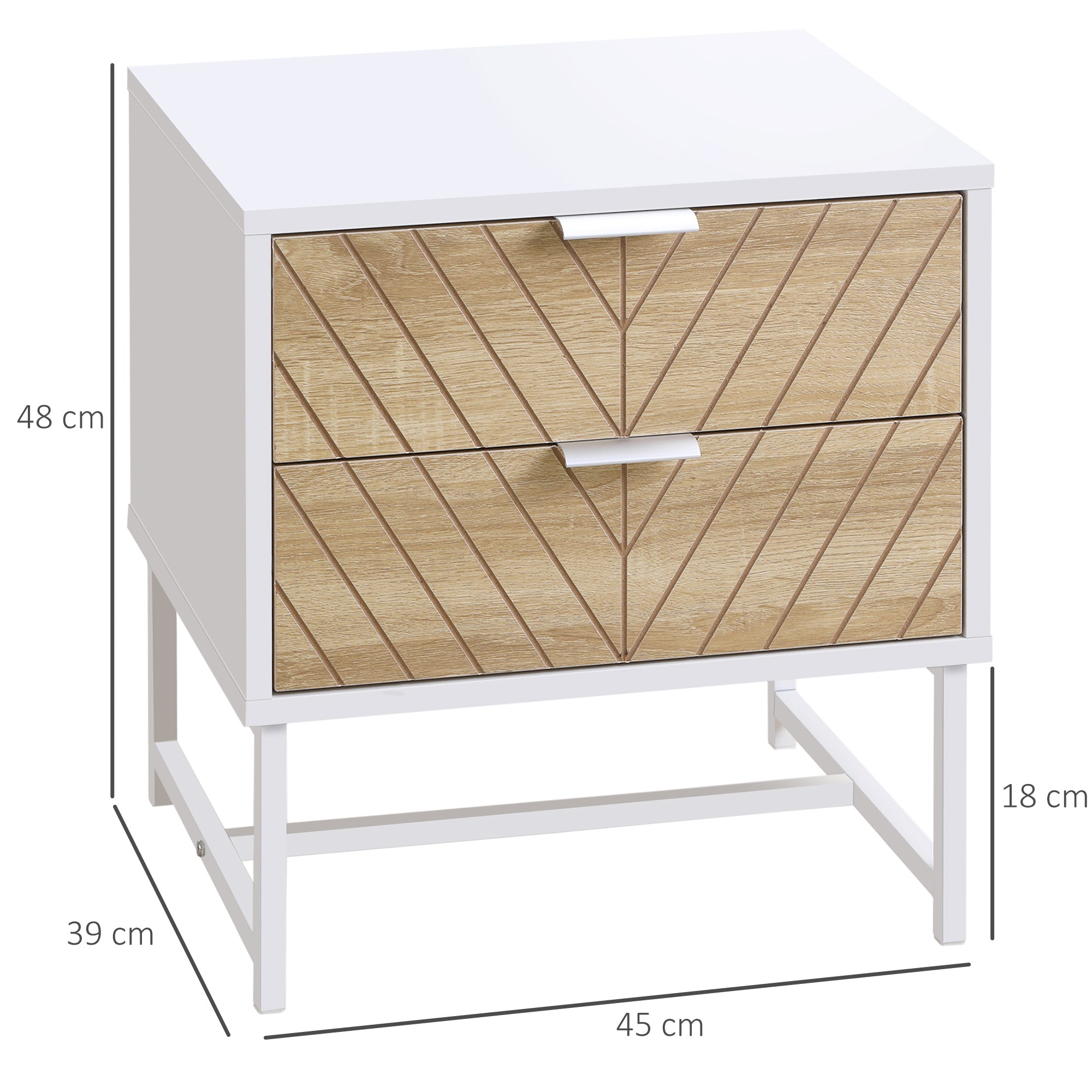 Kozy Modern Bedside Table with 2 Drawers and Metal Frame, Sofa Side Table for Bedroom Living Room, White and Oak