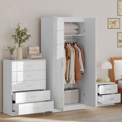 Kozy High Gloss 3 Piece Trio Bedroom Furniture Set Wardrobe + Chest Of Drawer + Bedside White
